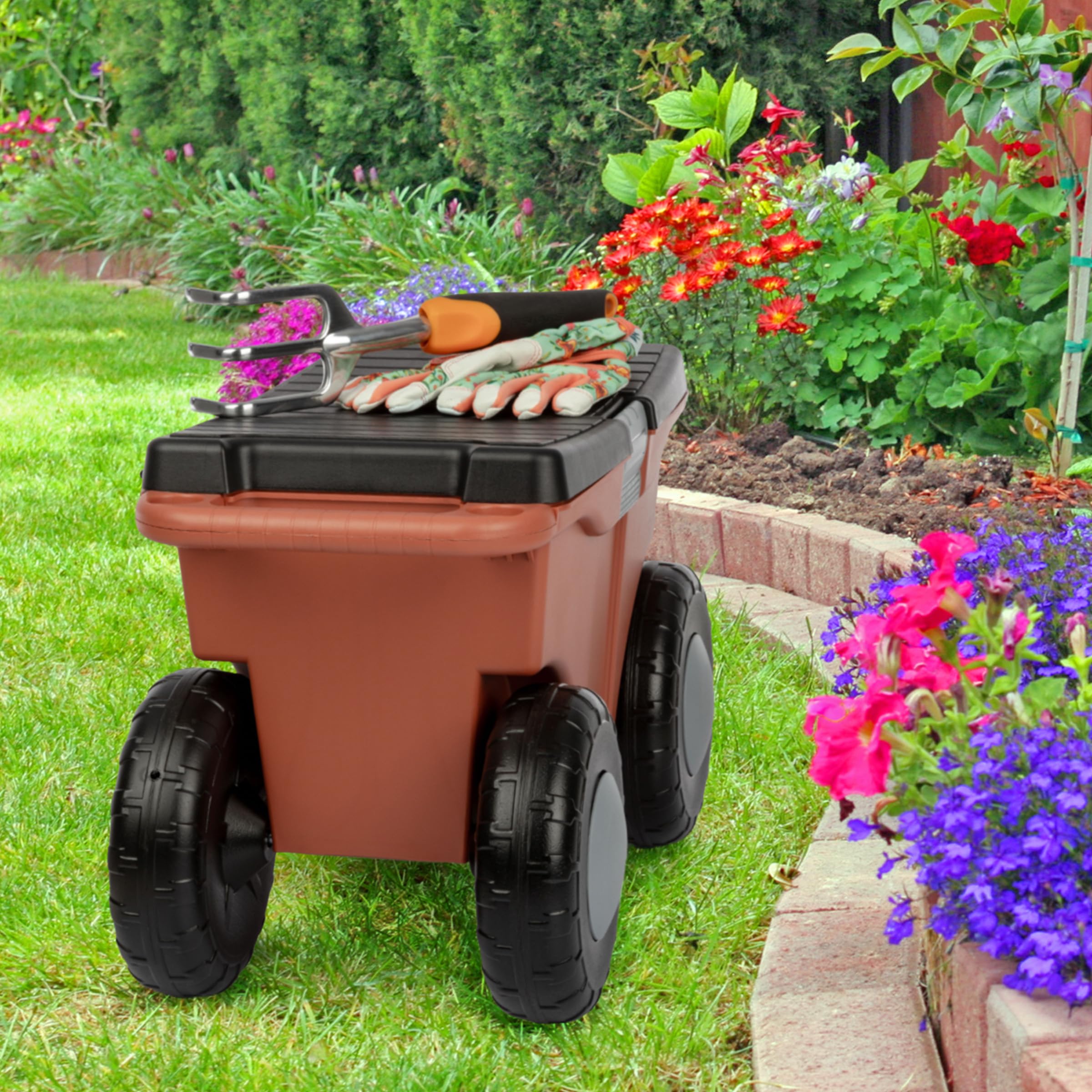 Pure Garden Rolling Garden Cart with Seat - Heavy Duty Plastic Storage Bench with Tool Tray - Gardening Stool for Weeding, Planting & Outdoor Work (Terracotta) - Perfect for Backyard, Patio & Greenhouse Use