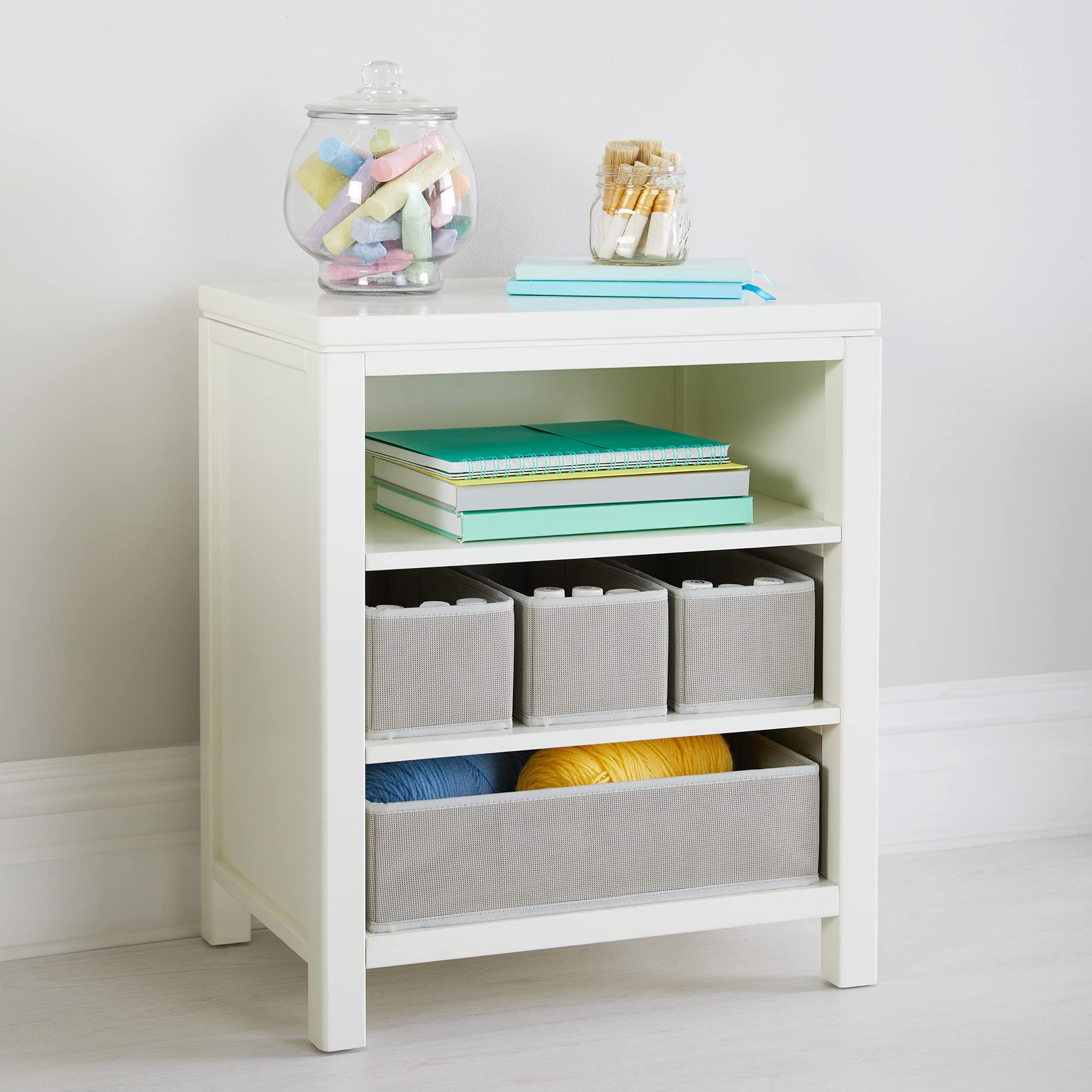 Kids' Open Storage Shelf with Bins - Creamy White Wooden Organizer for Art Supplies, Toys & Books | Martha Stewart Crafting Collection | Perfect for Bedroom, Playroom & Classroom Organization
