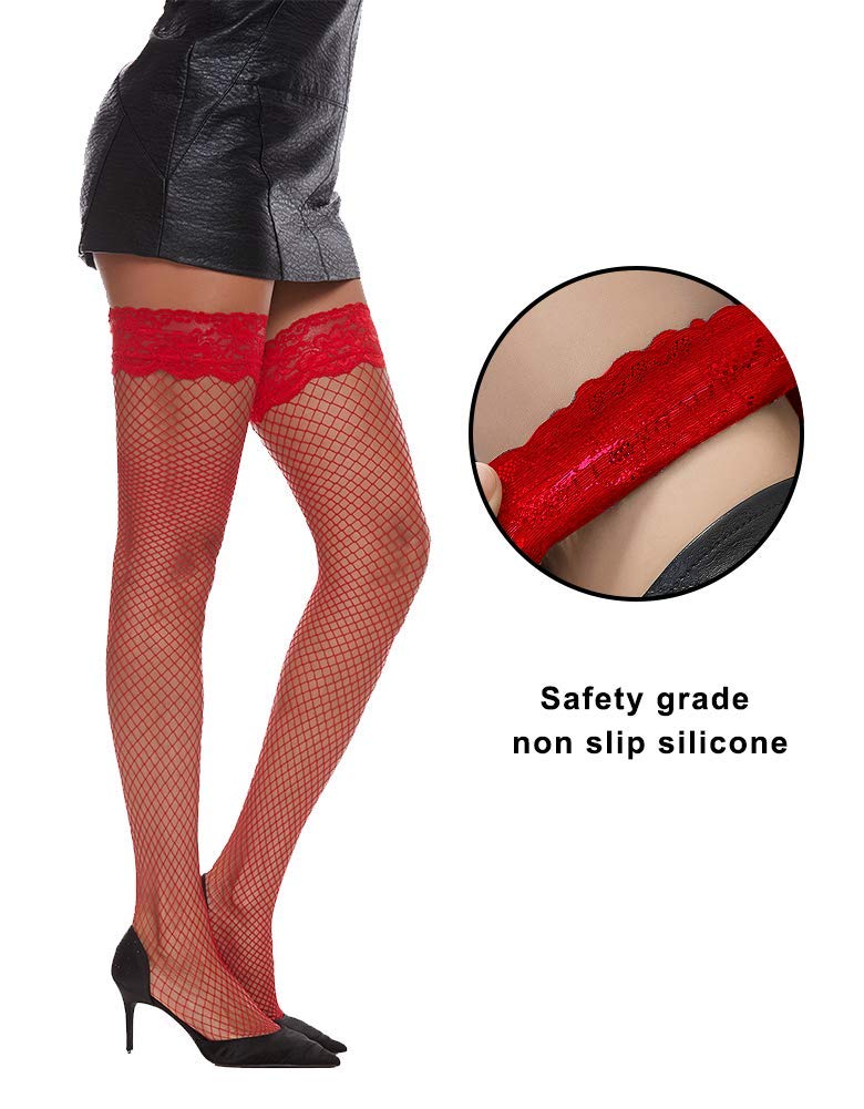 MANZI Women's Fishnet Thigh High Stockings with Silicone Lace Top - 1 Pair Sexy Stockings for Cosplay, Halloween, Boudoir & Night Out