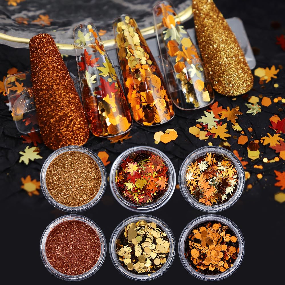 Fall Nail Art Kit - 6 Boxes 3D Gold Maple Leaf Nail Sequins with Glitter Powder in Gold, Yellow & Red | Autumn Leaves Nail Flakes for Acrylic Nails | Perfect for Thanksgiving, Halloween & Fall Nail Designs