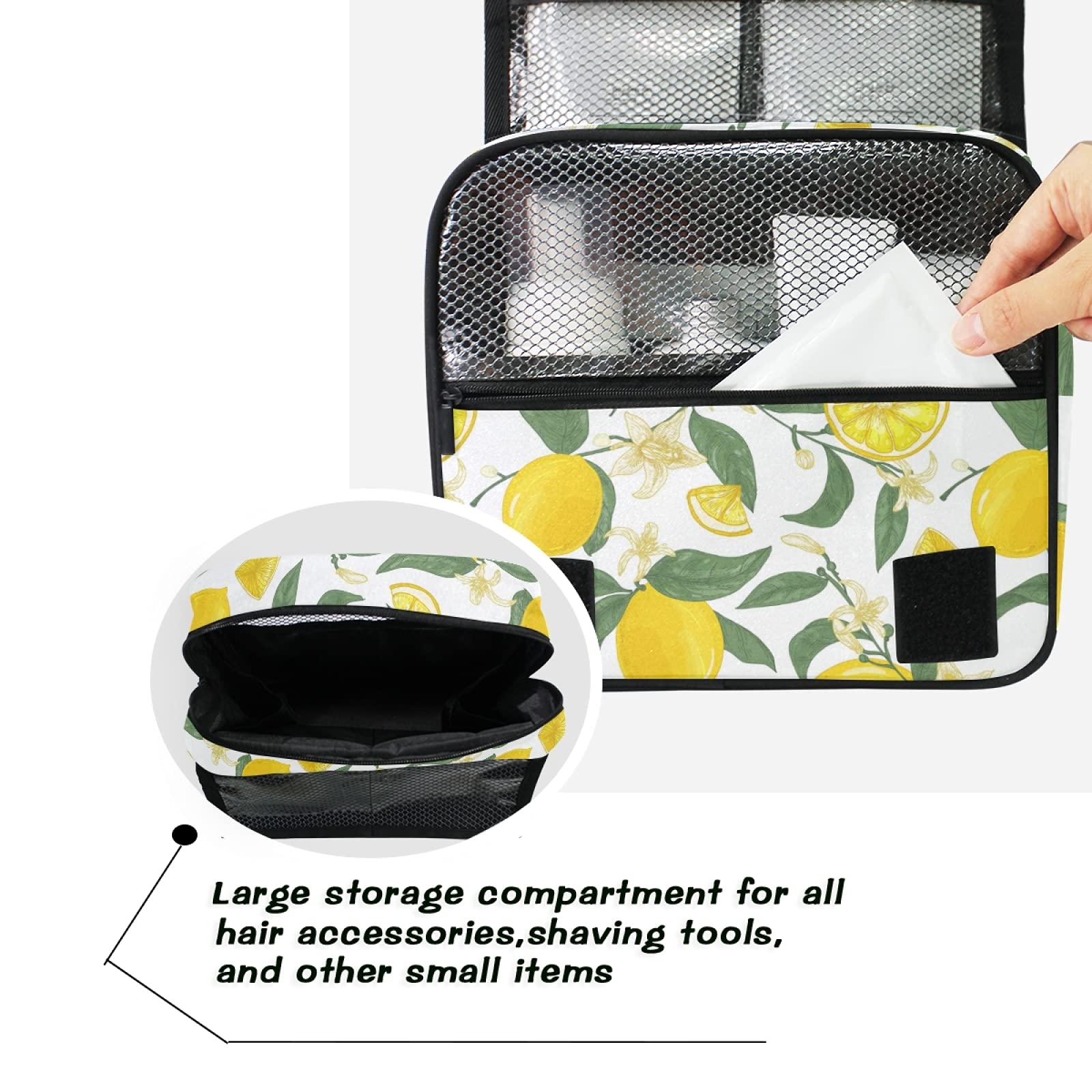 ALAZA Yellow Lemon Citrus Fruit Hanging Toiletry Bag for Women - Large Capacity Waterproof Travel Cosmetic Bag with Hook, Perfect for Bathroom Storage & Makeup Organizer | Ideal for Travel, Gym, and Home Use