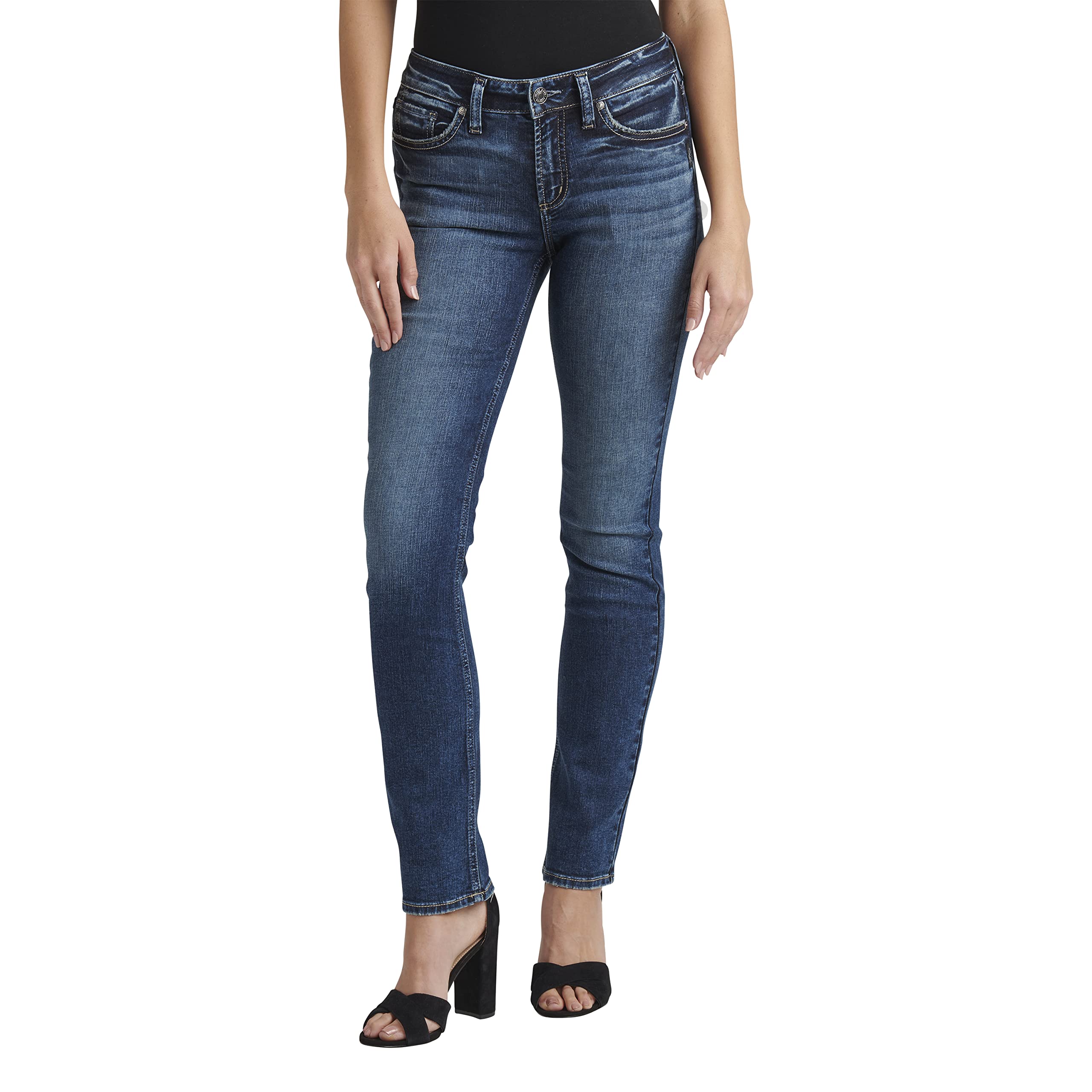 Silver Jeans Co. Women's Suki Mid Rise Straight Leg Jeans - Comfortable Stretch Denim Pants for Casual Wear & Everyday Outfits