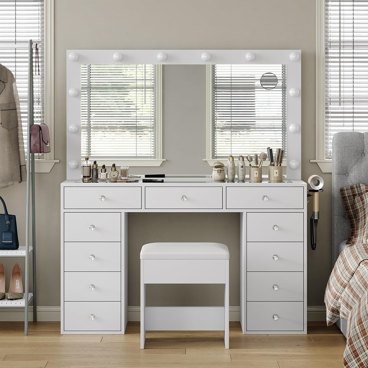 White Vanity Desk with Illuminated Mirror & Power Outlet - 11 Drawers Makeup Dressing Table with Chair, 12 LED Lights & Tempered Glass Top - Perfect for Bedroom, Dressing Room & Home Salon Setup