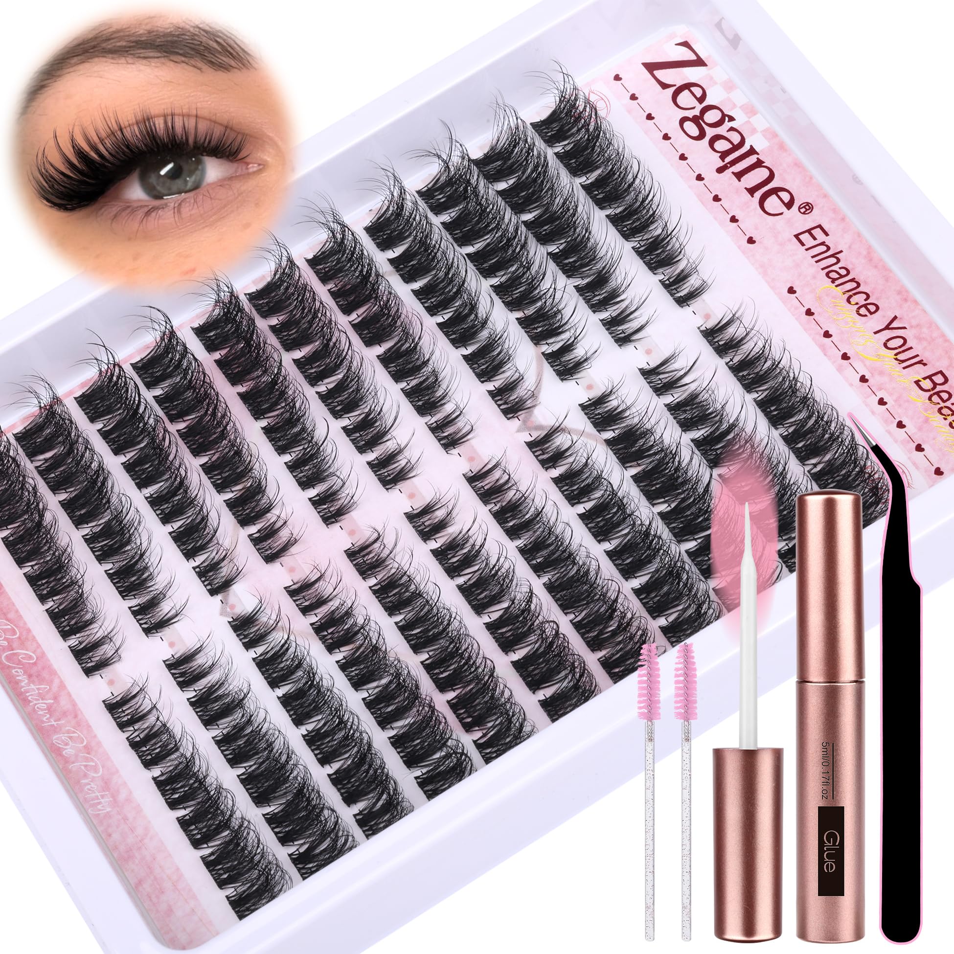 5D Fluffy Cat Eye Lashes Clusters Kit - Wispy Fox Eye Faux Mink Eyelash Extensions (11 Pairs, 8-16mm) with Lash Glue, Tweezers & Brushes - Perfect for DIY Lash Extensions, Special Occasions & Glamorous Makeup Looks