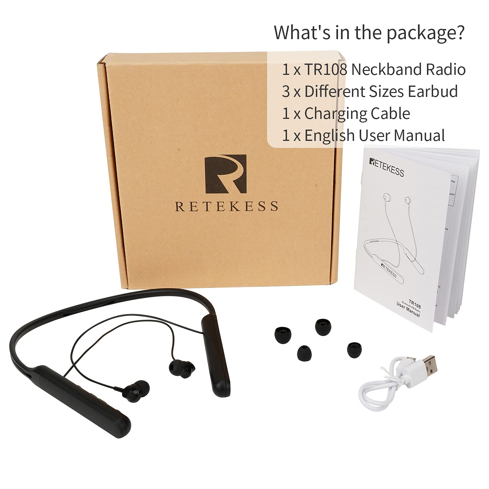 Retekess TR108 Wireless FM Radio Headphones with Digital Display - Stereo FM Radio, Hands-Free Calling, Rechargeable Battery - Perfect for Walking, Jogging, Commuting & Outdoor Activities (Neckband Style)