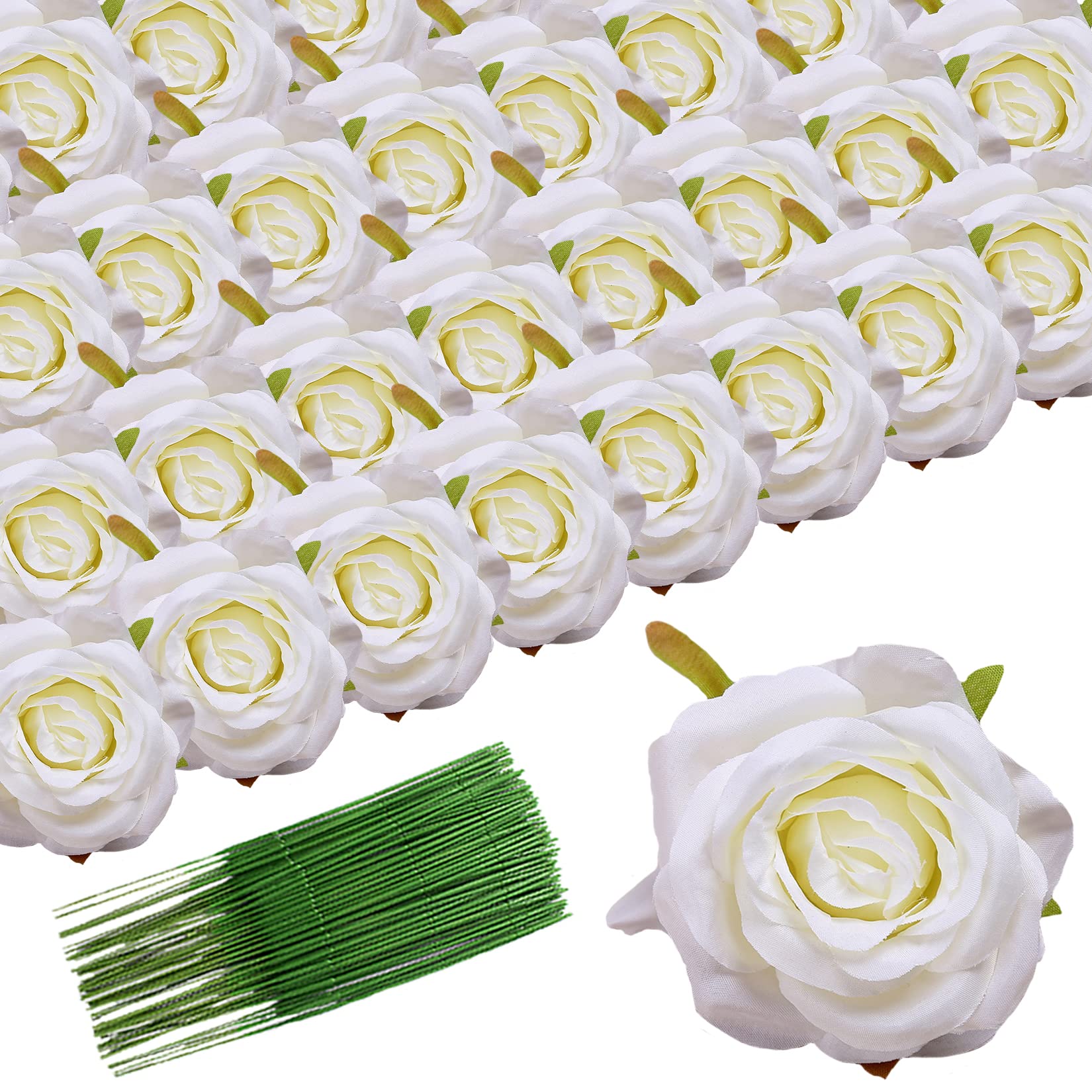 FagusHome 30 Pcs Silk Rose Heads - Artificial Flowers with Stems for Wedding, Home, Party Decor - Realistic Fake Roses in Creamy White for Bouquets, Centerpieces, and DIY Crafts