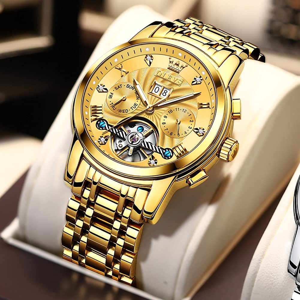 OLEVS Automatic Gold Watches for Men - Luxury Stainless Steel Chronograph with Date Display, Luminous Hands, 50M Waterproof - Perfect for Business, Formal Events & Daily Wear
