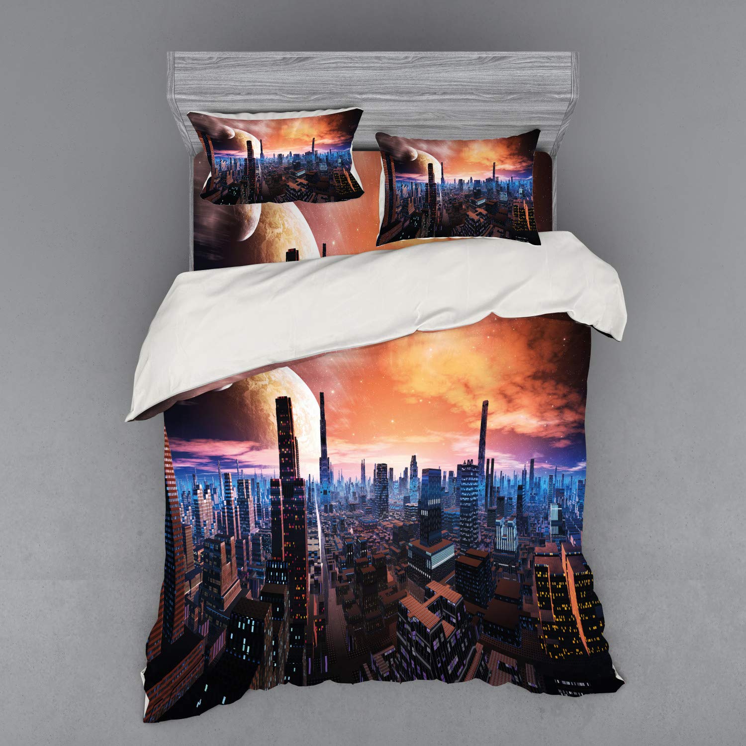 Ambesonne Futuristic Cityscape Duvet Cover Set - 4 Piece Sci-Fi Bedding with Shams & Fitted Sheet, Queen Size, Orange Blue Cinnamon - Perfect for Space-Themed Bedrooms & Sci-Fi Lovers