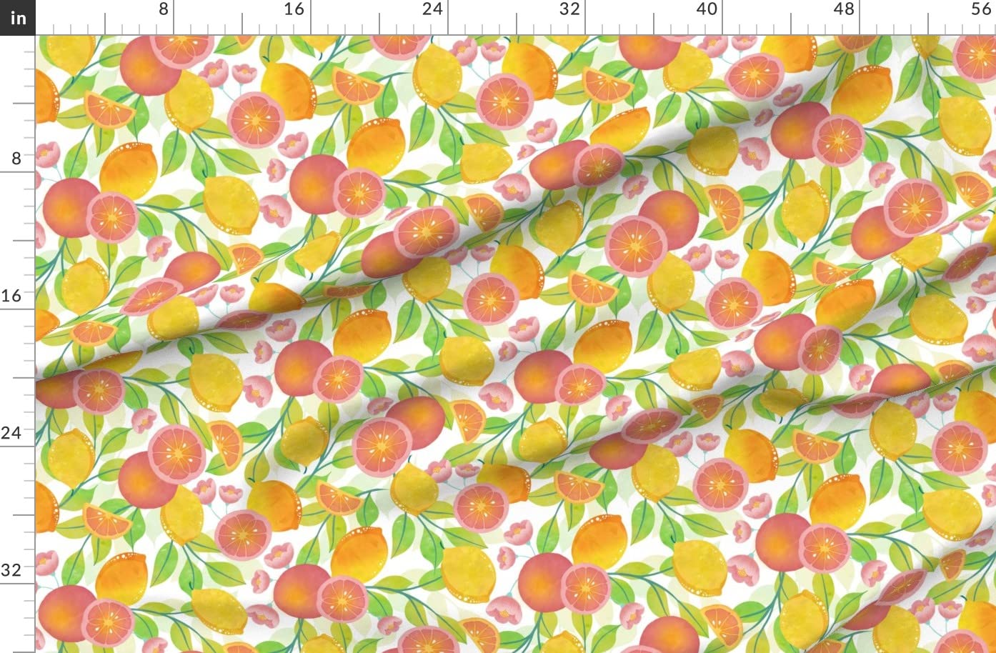 Citrus Fruit Printed Denim Fabric by The Yard - Grapefruit, Oranges & Lemons Design in Yellow, Pink & Green - Bottomweight for Apparel, Home Decor & Upholstery | Perfect for Summer Dresses, Curtains & DIY Crafts