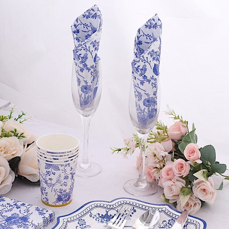 20-Pack Floral 2-Ply Disposable Paper Dinner Napkins - White with Blue Design for Parties, Weddings & Home Decor