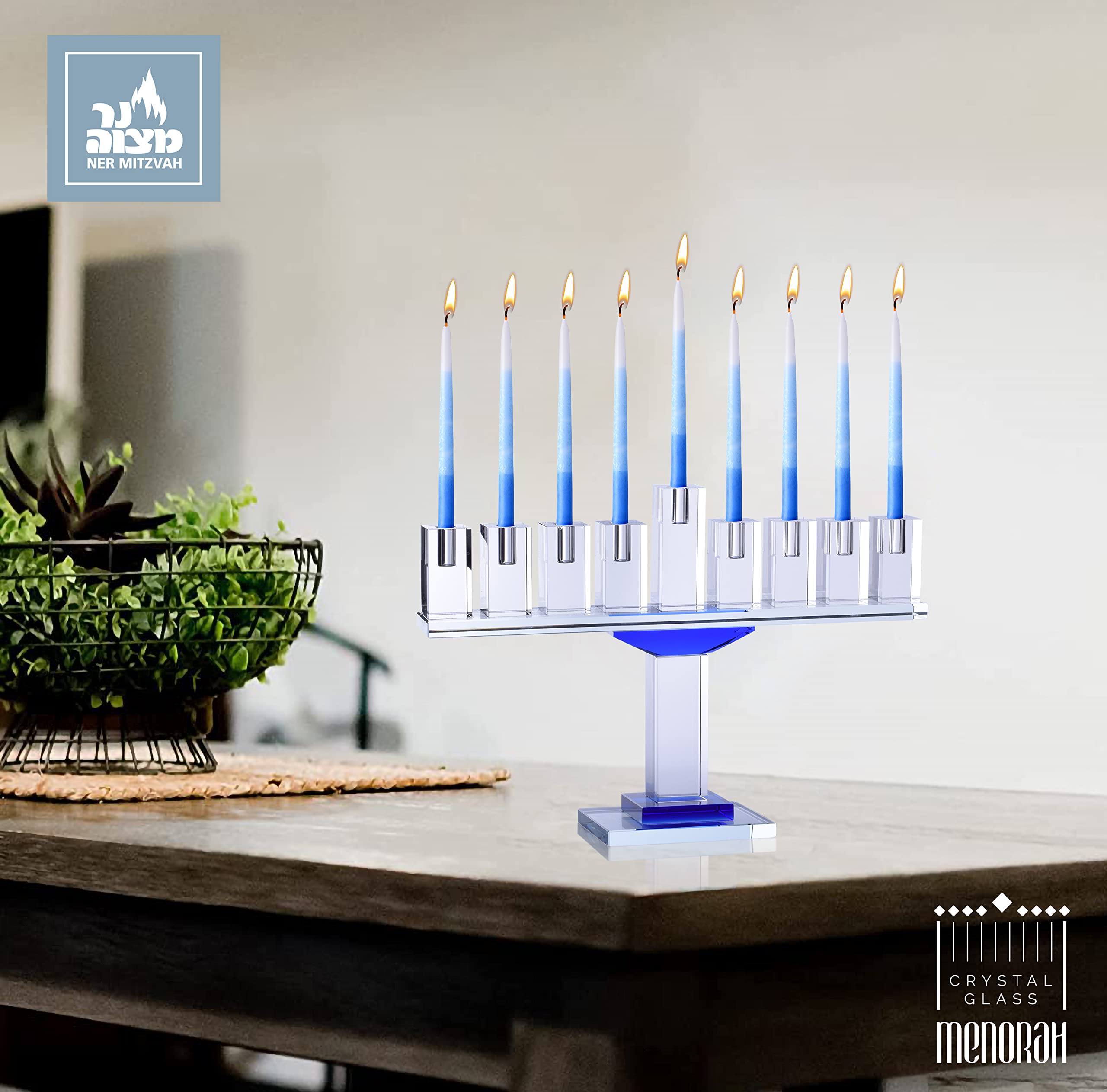 Blue Crystal Hanukkah Menorah - 9 Inch Modern Glass Candle Holder for Chanukah, Fits All Standard Hanukkah Candles | Perfect for Jewish Holiday Decor, Home Celebration & Gift Giving