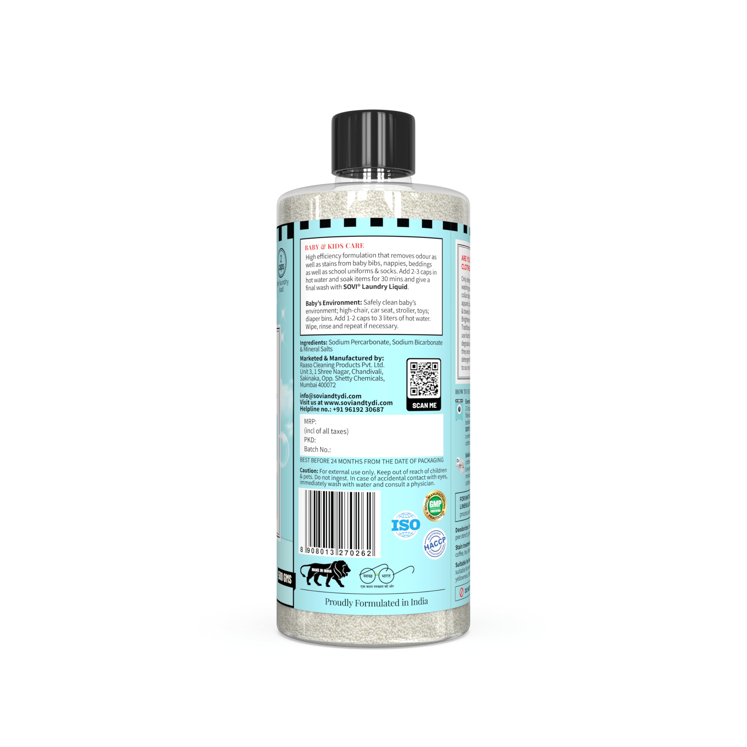 SOVI Fabric Whitener for White Clothes - Oxygen Bleach Stain Remover & Detergent Booster | Safe for Kids & Machine Wash | Odor Eliminator for Gym, Baby & Work Clothes | 500g Pack (1 Count)
