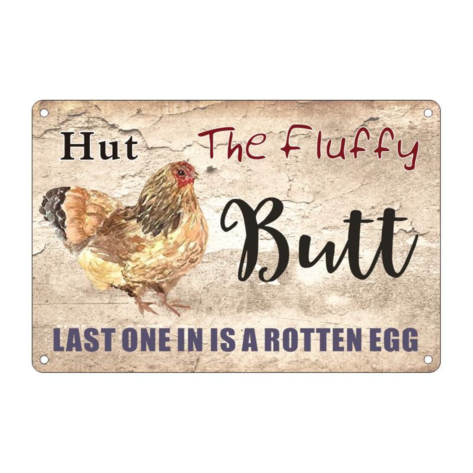Vintage Metal Tin Sign - Fluffy Butt Hut Retro Farm Decor 8x12 Inch - Chicken Coop, Henhouse, Kitchen & Bar Wall Art - Perfect for Rustic Home, Cafe & Country Style Decor