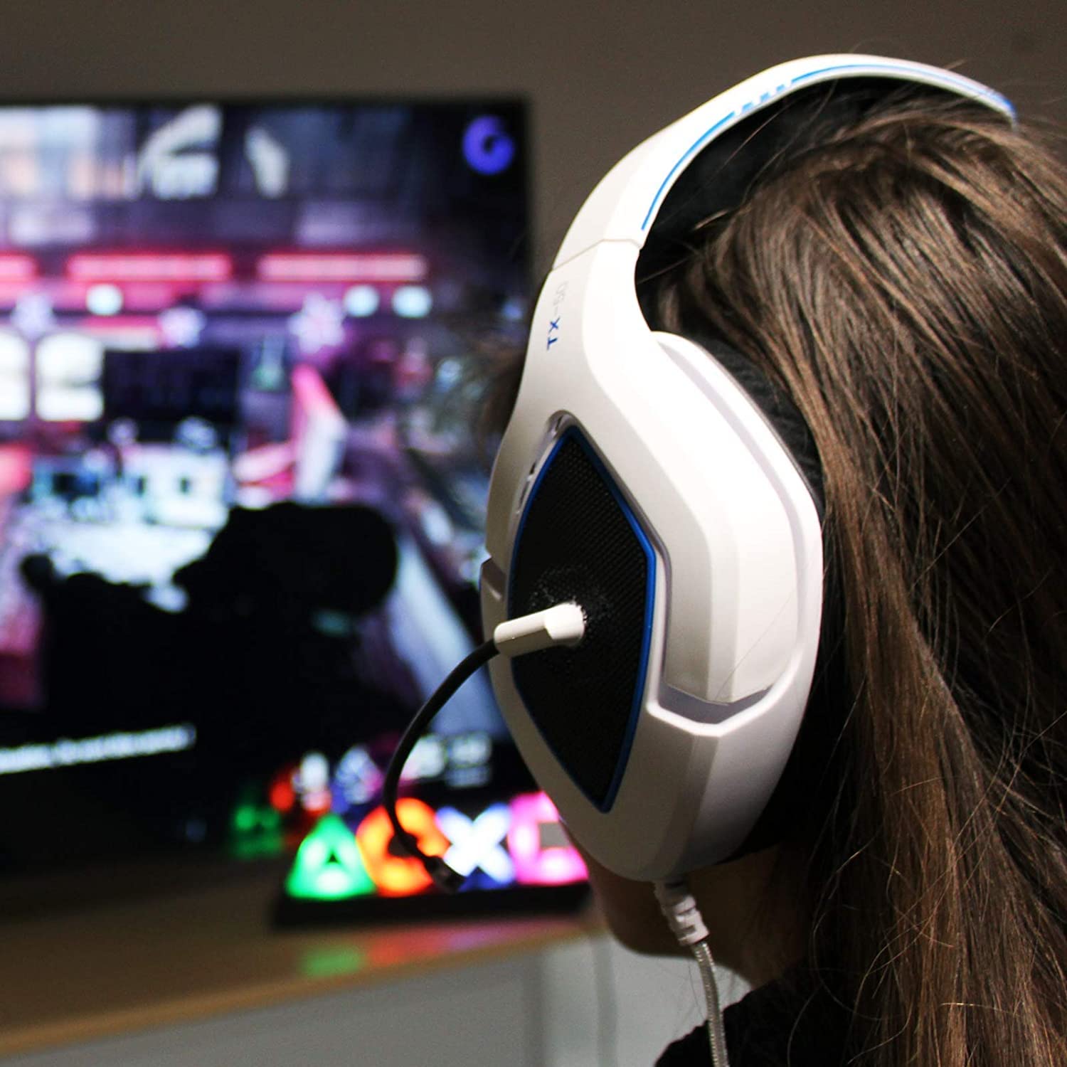 Gioteck TX-50 Wired Stereo Gaming Headset for PS5 - White & Blue - Noise Cancelling Mic, Comfortable Ear Cushions - Perfect for Competitive Gaming & Late Night Sessions