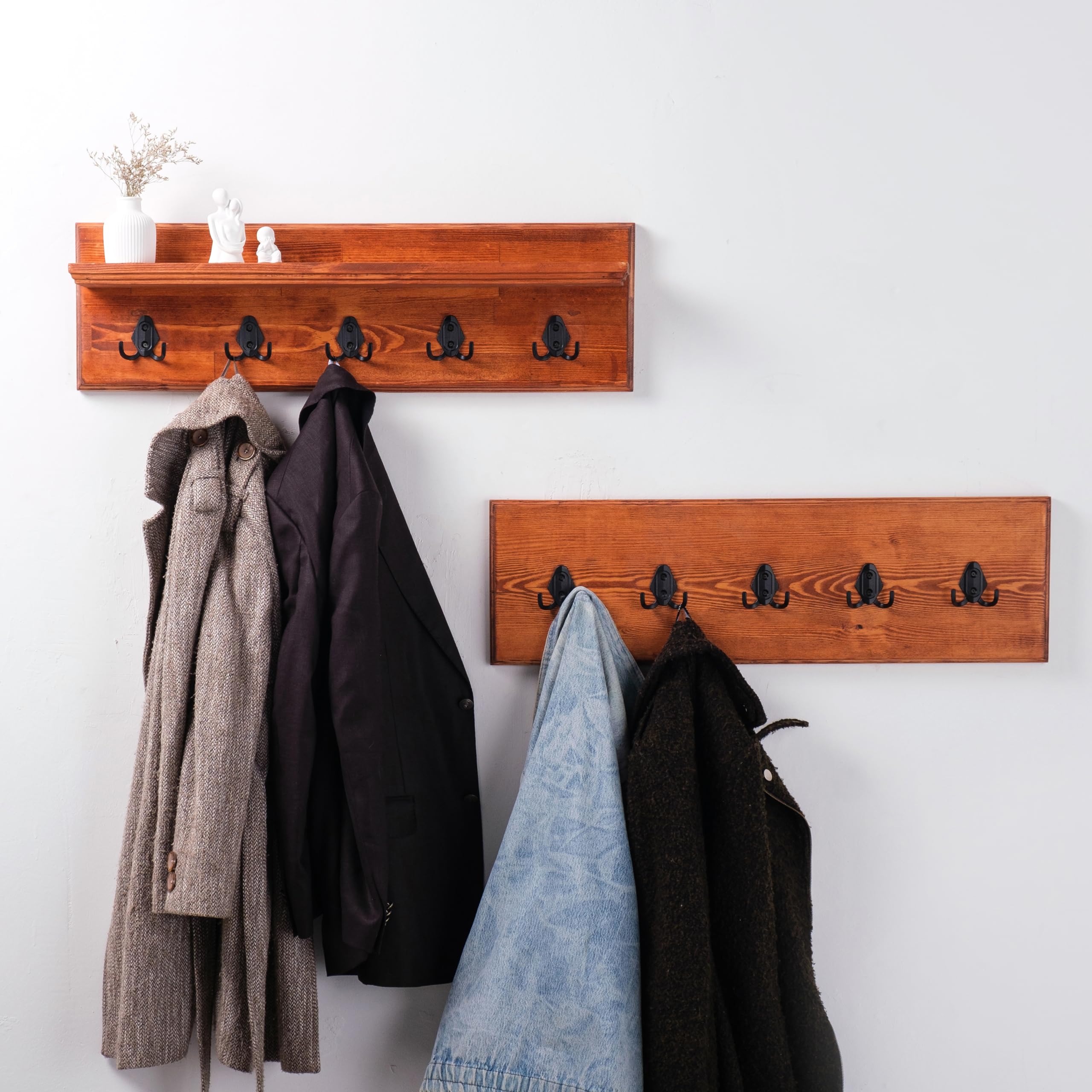 Wall Mounted Coat Rack with Shelf - 48 Inch Rustic Farmhouse Entryway Organizer (Mango Wood) | Towel Rack, Key Holder & Floating Shelf for Hallway, Bedroom or Mudroom Organization