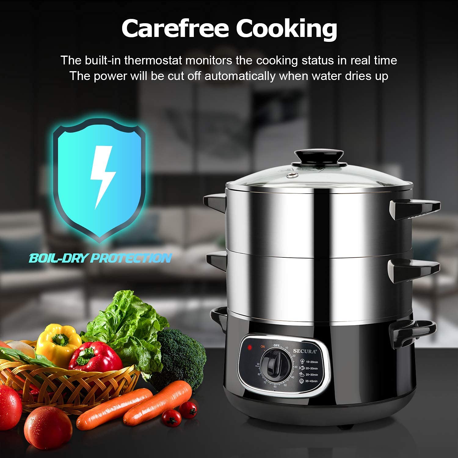 Secura 3-Tier Stainless Steel Food Steamer - Stackable Electric Steam Cooker with Timer for Vegetables, Dumplings & Seafood | Perfect for Healthy Cooking & Meal Prep