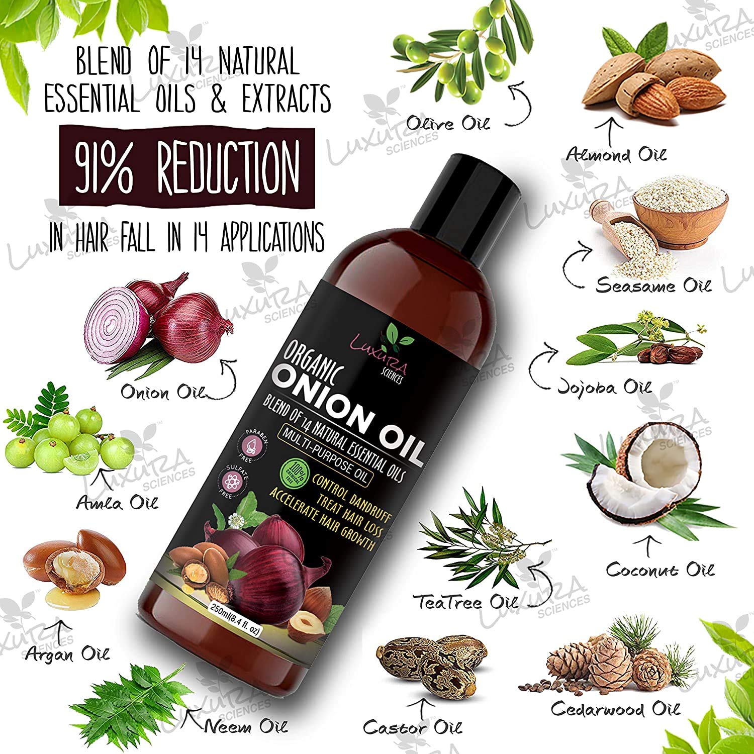 Onion Hair Oil 250ml with 14 Essential Oils - Multi-Purpose Hair Growth Serum with Argan Oil for Dry, Damaged Hair Treatment - Pack of 2 | Promotes Thicker, Longer Hair for Men & Women | Perfect for Daily Nourishment & Scalp Massage