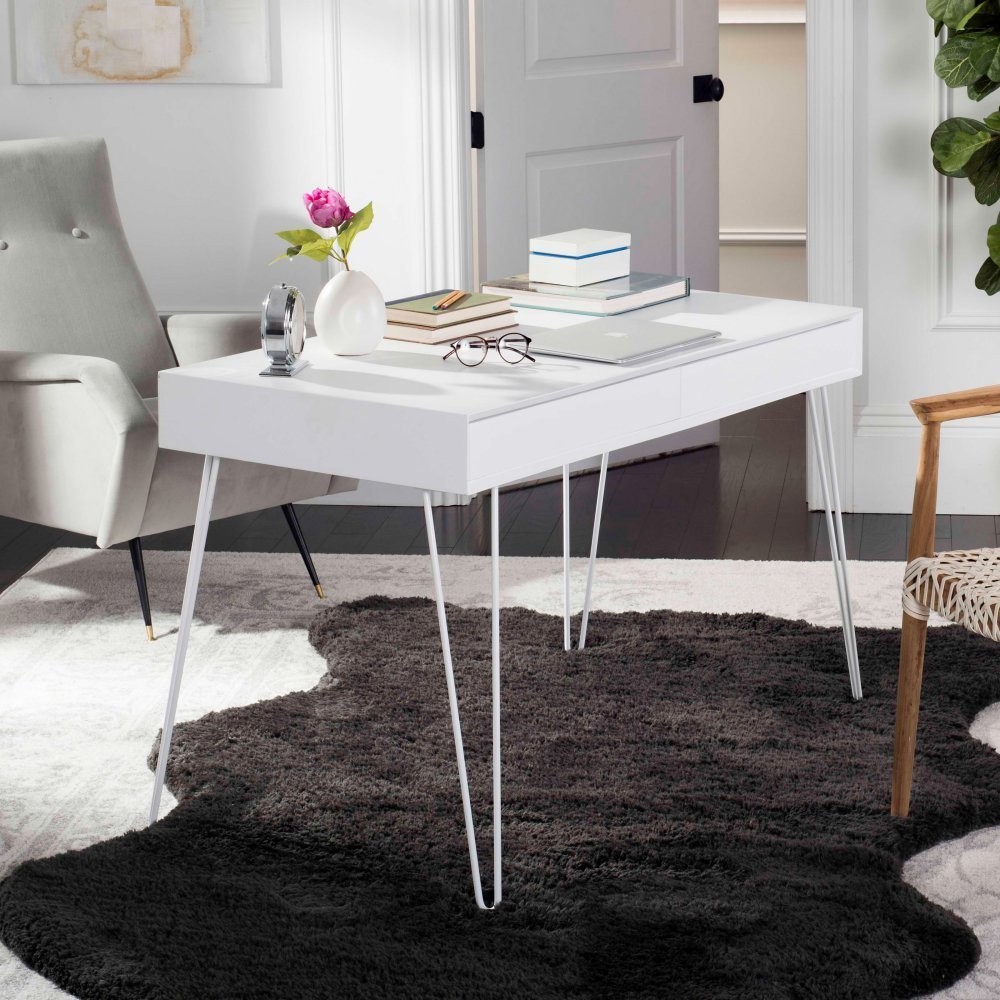 Safavieh Cade Mid Century Retro White Two-Drawer Writing Desk - Vintage Home Office Furniture for Small Spaces & Modern Workspaces
