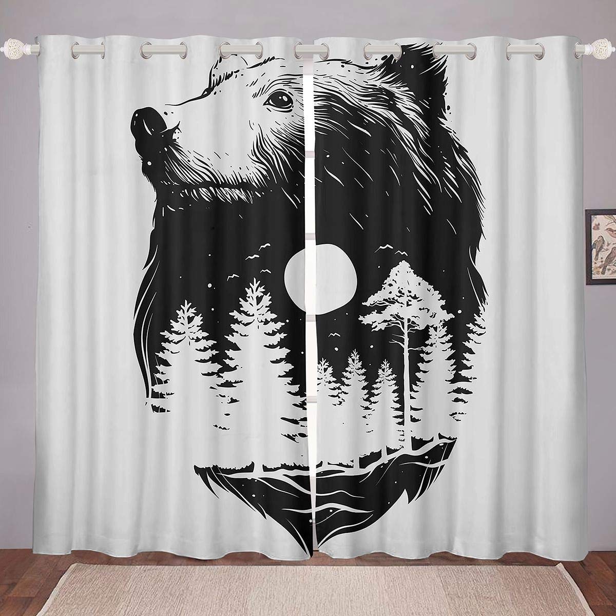 Feelyou Bear Wildlife Theme Blackout Curtains for Kids - Moon & Tree Branches Abstract Art Window Treatments, 38 x 45 Inches, 2 Panels - Perfect for Bedroom, Nursery & Living Room Decor