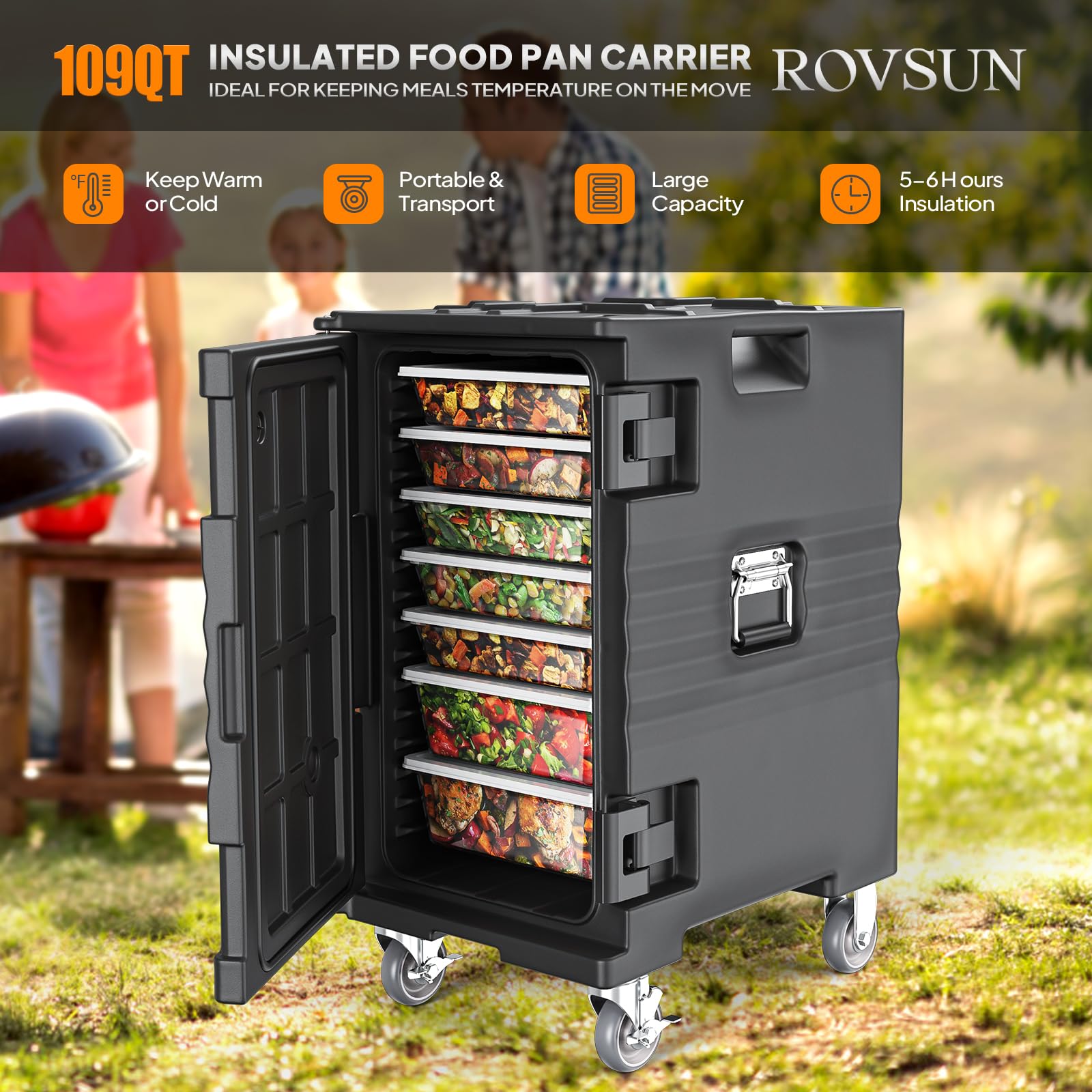 ROVSUN Insulated Food Warmer with Lockable Wheels - Stackable Hot Box Carrier for Catering, Restaurants & Parties - Double Buckles & Handles for Secure Transport - Perfect for Buffets, Outdoor Events & Food Delivery Services