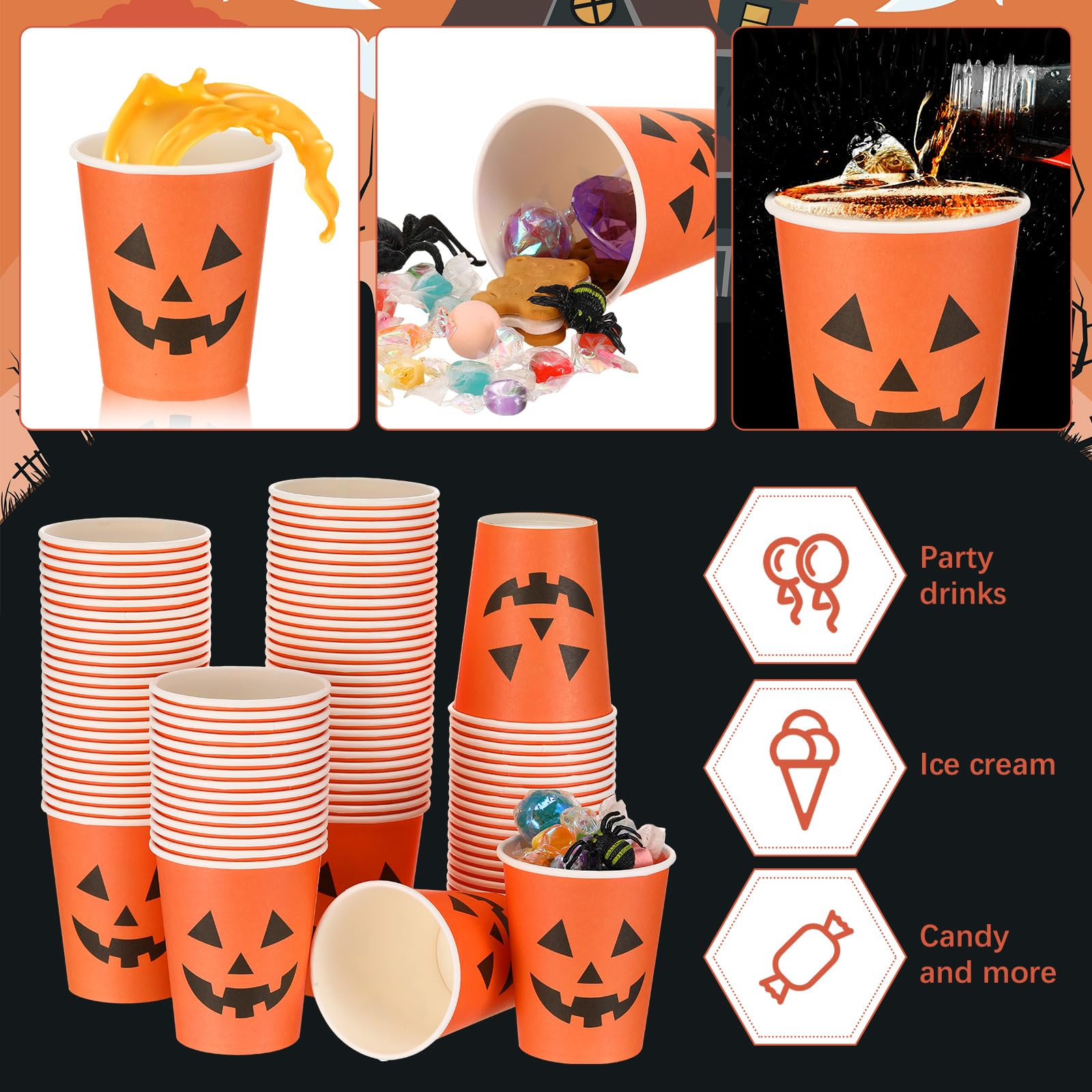 Halloween Paper Cups 100Pcs - 9oz Pumpkin Face Design for Parties & Snacks