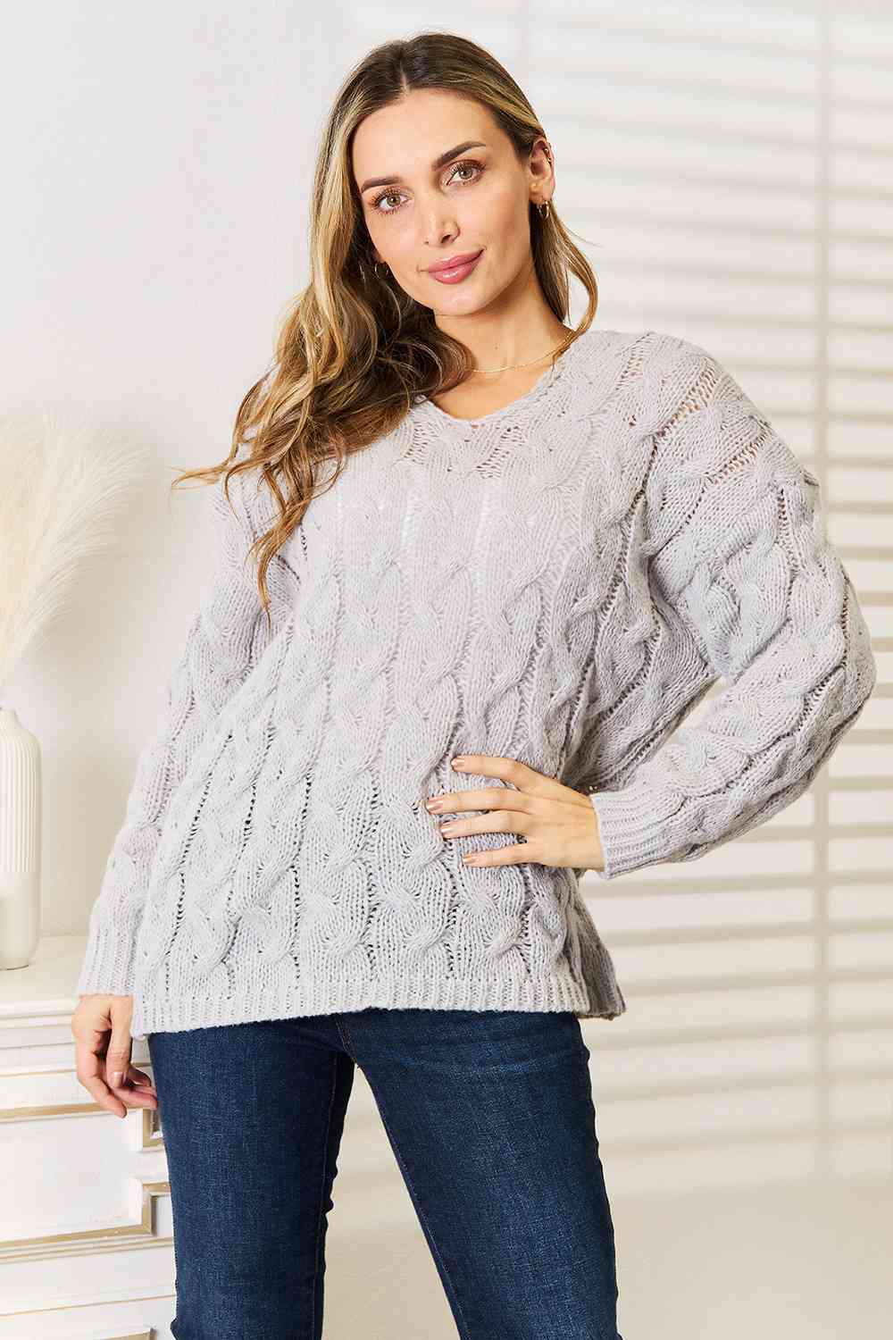 Cozy Light Gray Cable Knit Hooded Sweater for Women - Winter Warm Pullover Casual Outfit for Fall & Winter Fashion