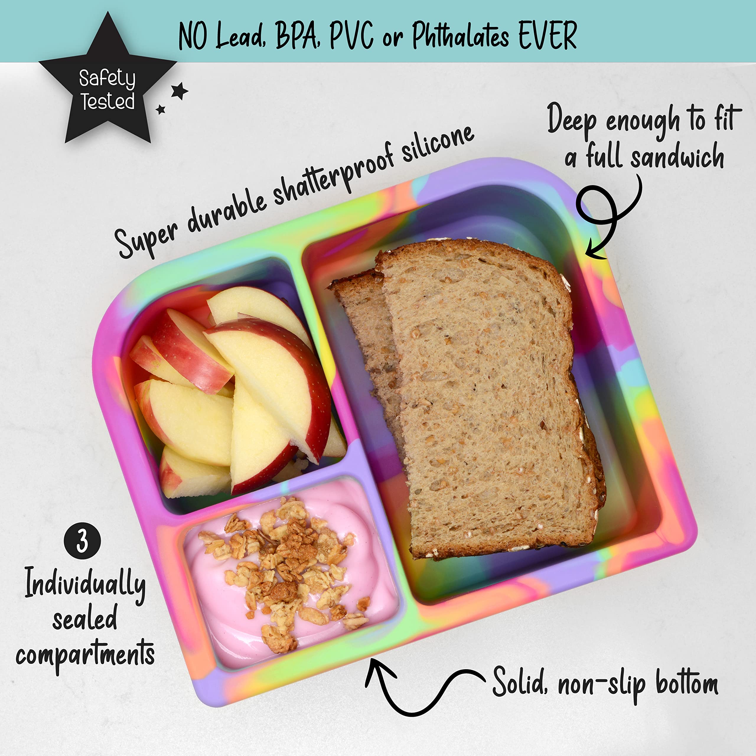PrimaStella Unbreakable Silicone Lunch Box for Kids & Adults - Leak Proof Divided Bento Box with Lid (Rainbow Swirl) - Perfect for School, Office, Picnics & Meal Prep