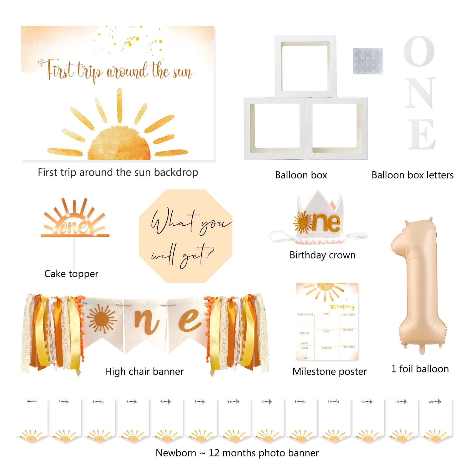 Boho Sun 1st Birthday Party Decorations Kit - First Trip Around The Sun Balloon Backdrop, Cake Topper & Party Supplies for Girls | Perfect for Baby's First Birthday, Photoshoot Background & Celebration Decor