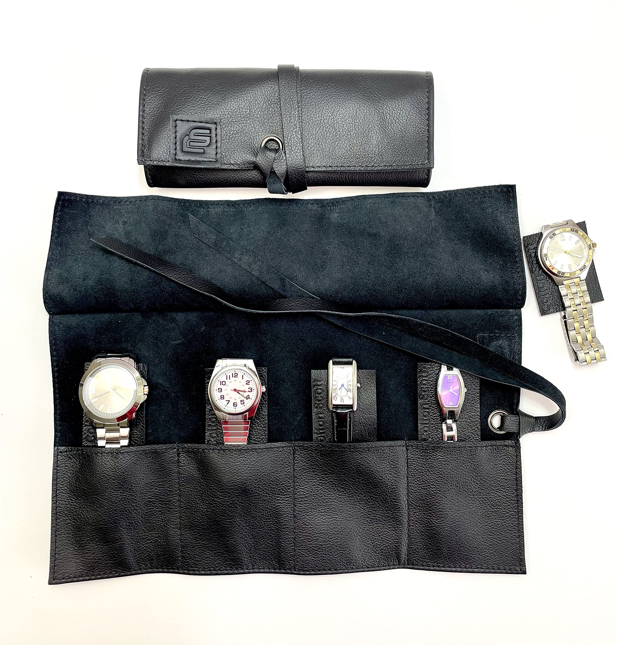 Premium Leather Travel Watch Roll Organizer - Handmade in USA with Genuine Italian Leather - Holds 4 Watches - Perfect Gift for Watch Enthusiasts - Ideal for Travel, Storage & Watch Collection Display (Black)