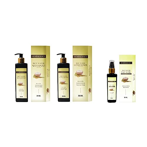 Herba Grace Fermented Rice Water Shampoo & Conditioner Set (200ml Each) + Pore Tightening Rice Water Face Wash (100ml) - Smooth, Shiny Hair & Refreshed Skin for Men & Women | Daily Hair Care & Facial Cleansing Routine