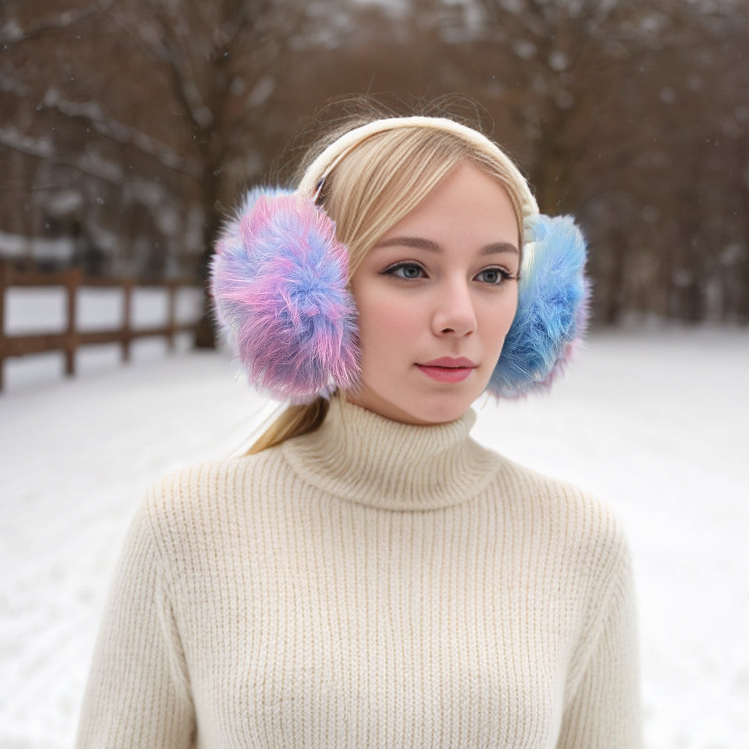 Fluffy PomPom Ear Muffs for Women - Soft Winter Warm Ear Warmers in Purple - Perfect for Cold Weather, Outdoor Activities & Fashion Accessory
