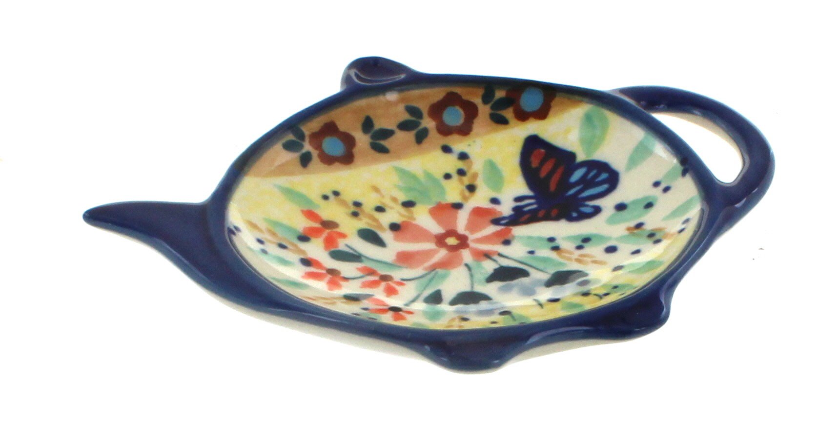 Handmade Blue Rose Polish Pottery Teabag Holder with Butterfly Design - Elegant Tea Accessory for Kitchen, Dining Room & Gift Giving