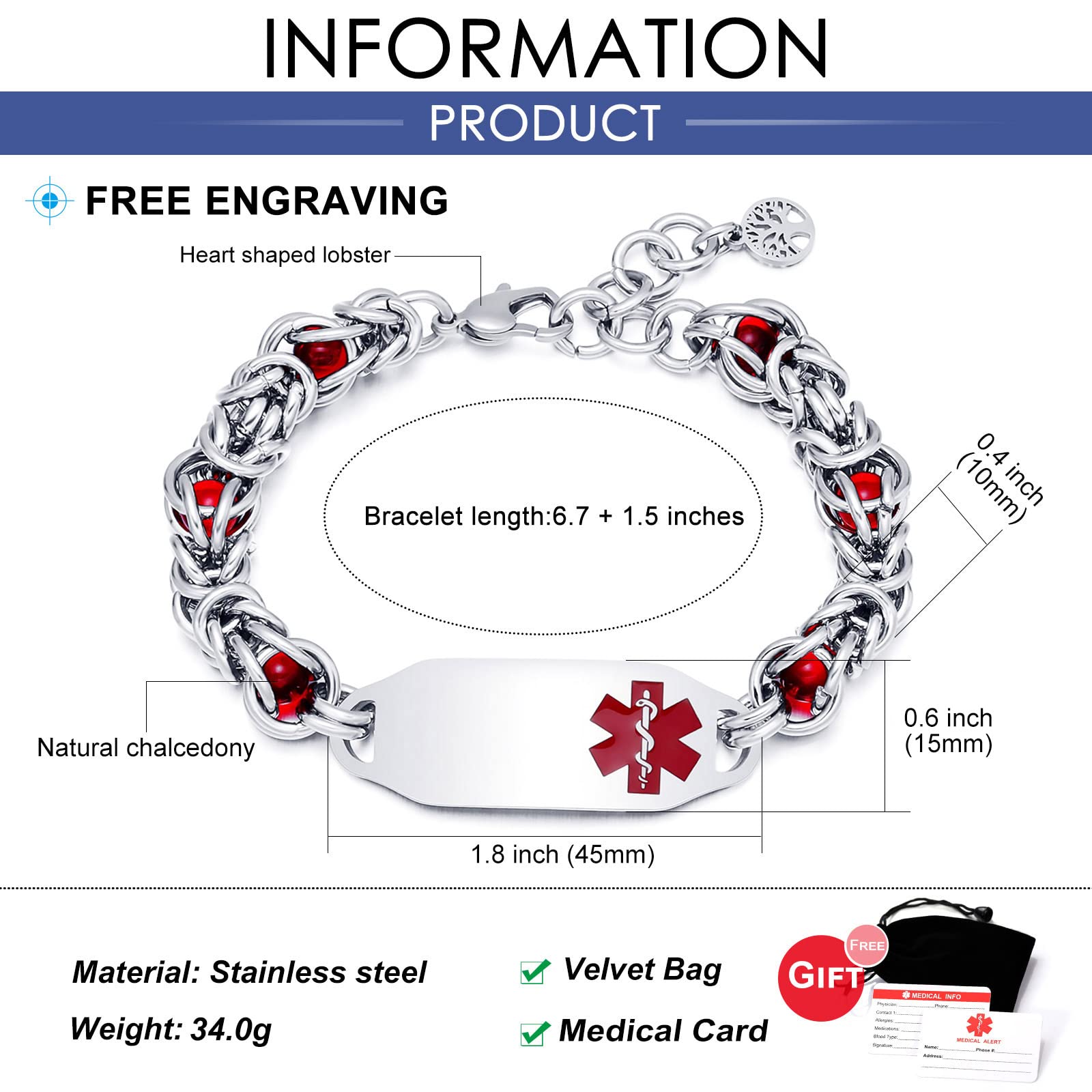 Personalized Medical Alert Bracelets for Women & Men - Customizable Emergency ID Bracelet with Medical Card - Ideal for Seniors, Allergies & Health Conditions