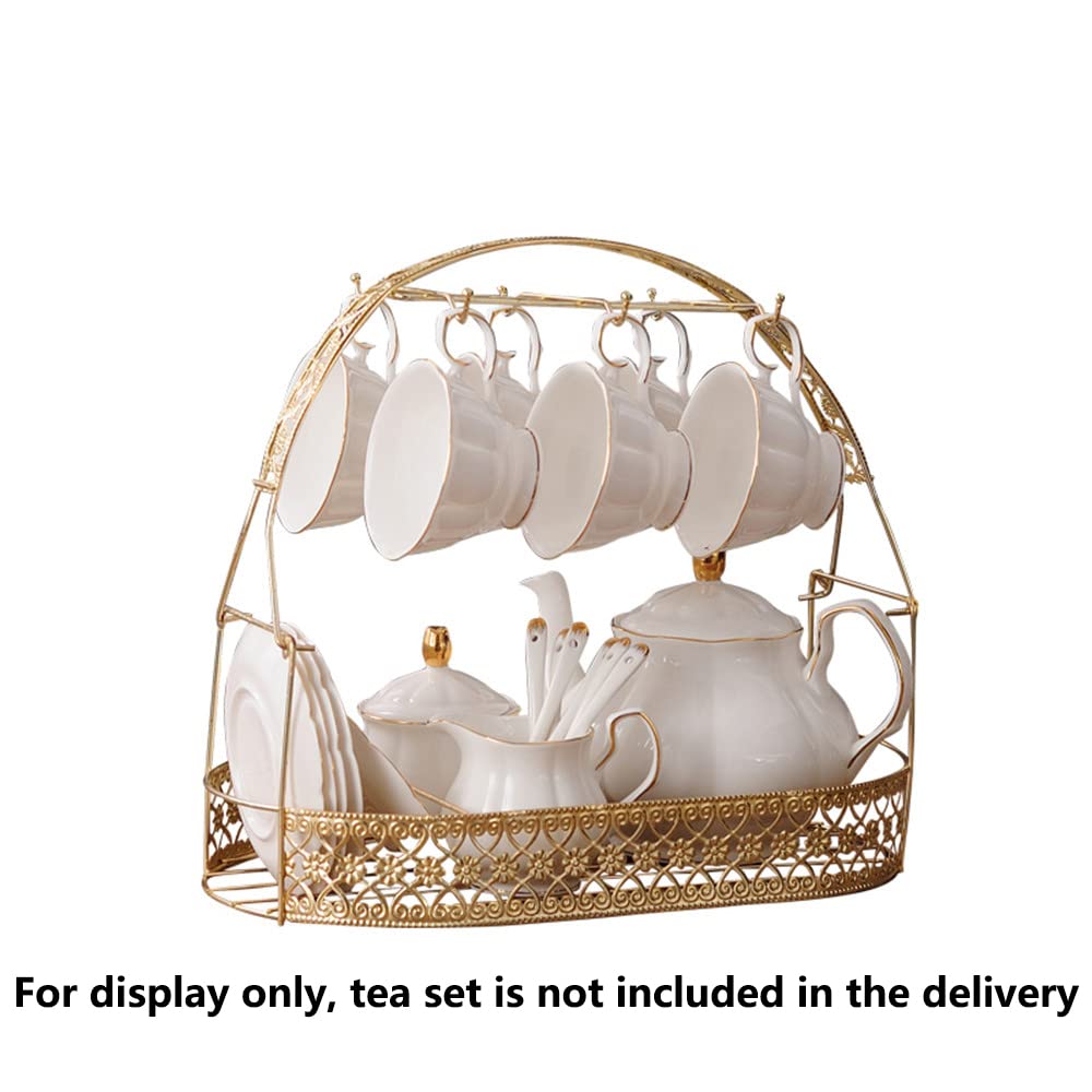 Fanquare Blue Floral Porcelain Tea Set for 6 with Golden Metal Coffee Mug Holder - Elegant Afternoon Tea Party & Coffee Break Set for Home, Office or Gift