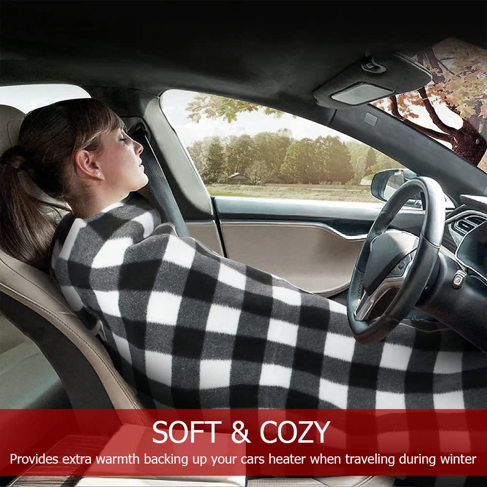 12V Heated Fleece Car Blanket with Adjustable Timer & 3 Heat Levels - Electric Travel Blanket for Cars, Trucks & Road Trips (Green Plaid) - Perfect for Winter Commutes, Camping & Cold Weather Comfort