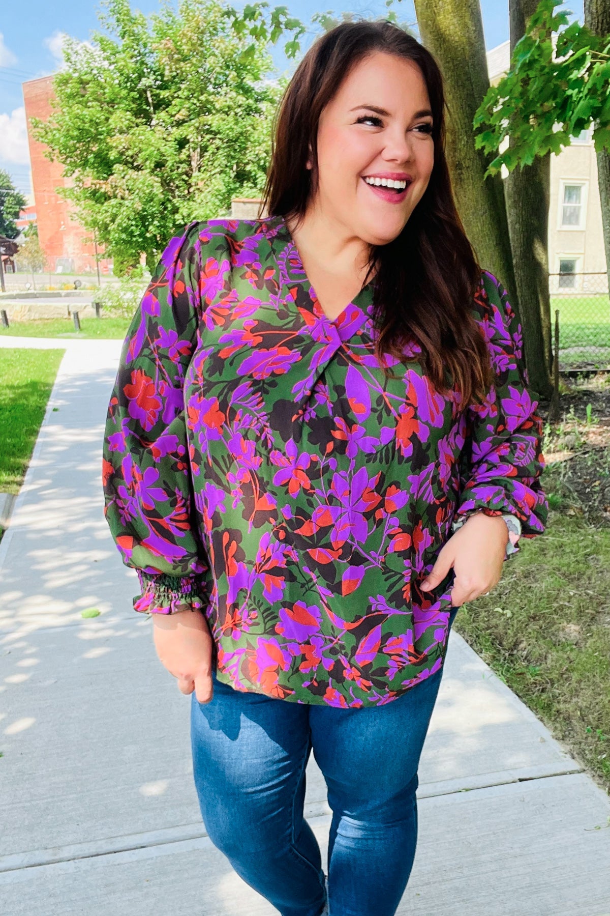 Eyes On You Forest Green Floral Smocked Bubble Sleeve V-Neck Blouse - Elegant Spring Summer Floral Top for Women, Perfect for Date Night, Garden Party & Casual Outings