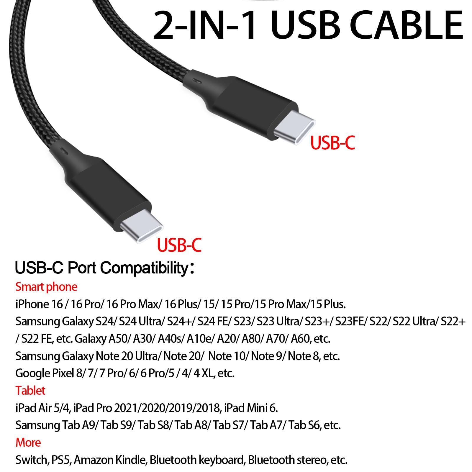 Upgrade 4ft 2-in-1 USB-A to Dual USB-C Charging Cable | Fast Charging Splitter 1 to 2 Cord | Compatible with iPhone 15/16 Pro/Air, Samsung Galaxy S24, Moto, Google Pixel, LG | Perfect for Travel, Home & Office Charging Multiple Devices