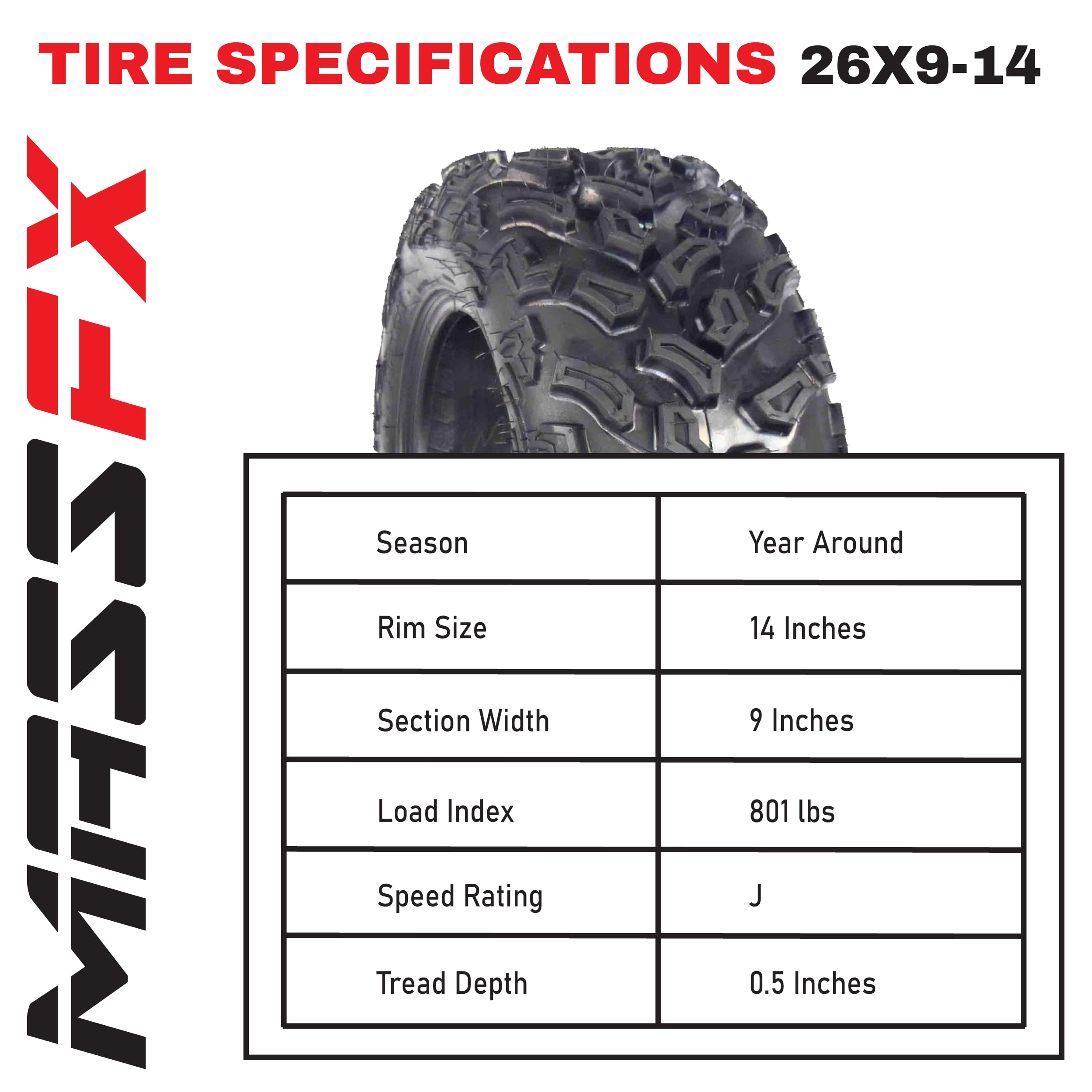 MASSFX SL Off-Road 26x9-14 Front & 26x11-14 Rear ATV/UTV Tires 6-Ply - Heavy Duty All-Terrain Tires for Side by Sides (SxS) - Perfect for Mud, Sand & Trail Riding - Set of 4 (2 Front & 2 Rear)