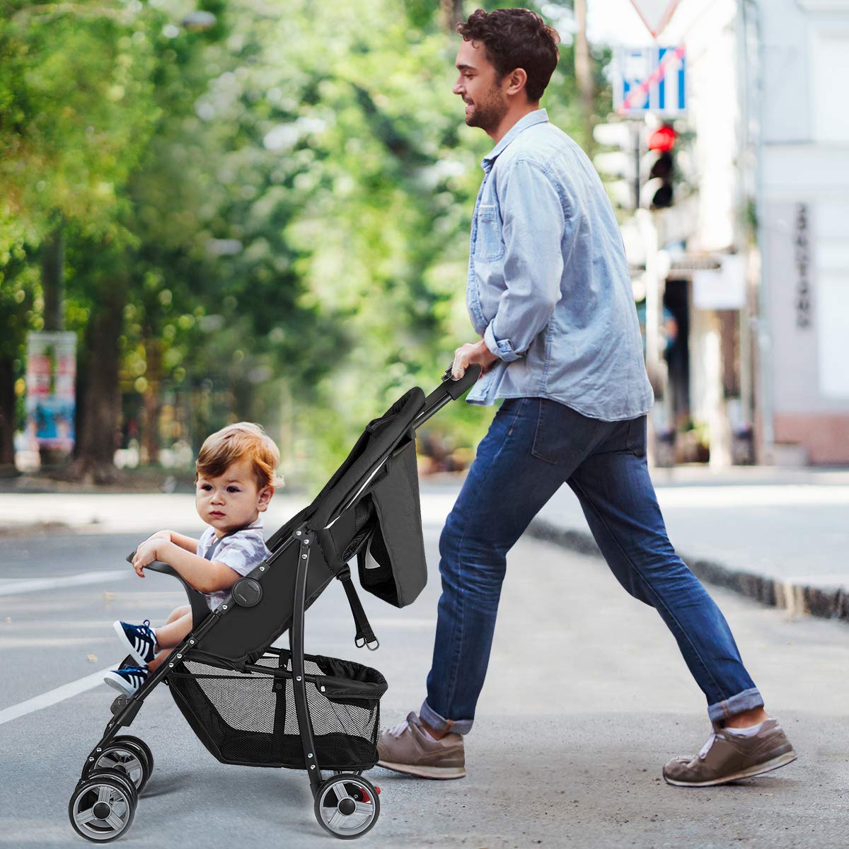 **Baby Joy Lightweight Compact Stroller for Toddlers & Infants - Adjustable Backrest, Footrest & Canopy, 5-Point Safety Harness, Storage Basket, Easy One-Hand Fold - Perfect for Airplane Travel, Shopping & Daily Walks (Black)**