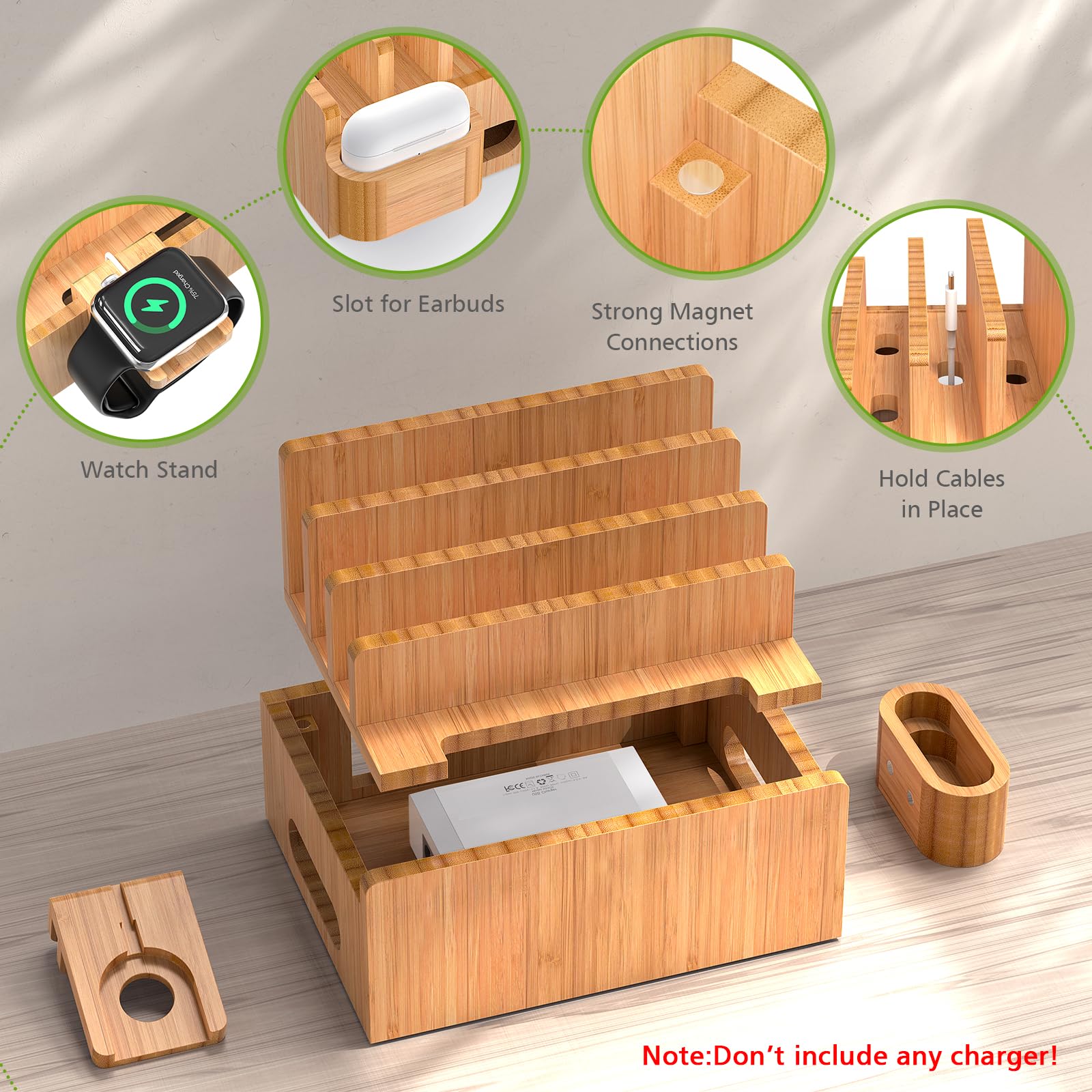 Pezin & Hulin Bamboo Charging Station Organizer - 5-Slot Multi Device Dock for iPhone, Android Phone, Tablet, SmartWatch & AirPods with 5 Included Cables (No USB Charger) | Perfect for Home Office, Bedside & Clutter-Free Desk Organization