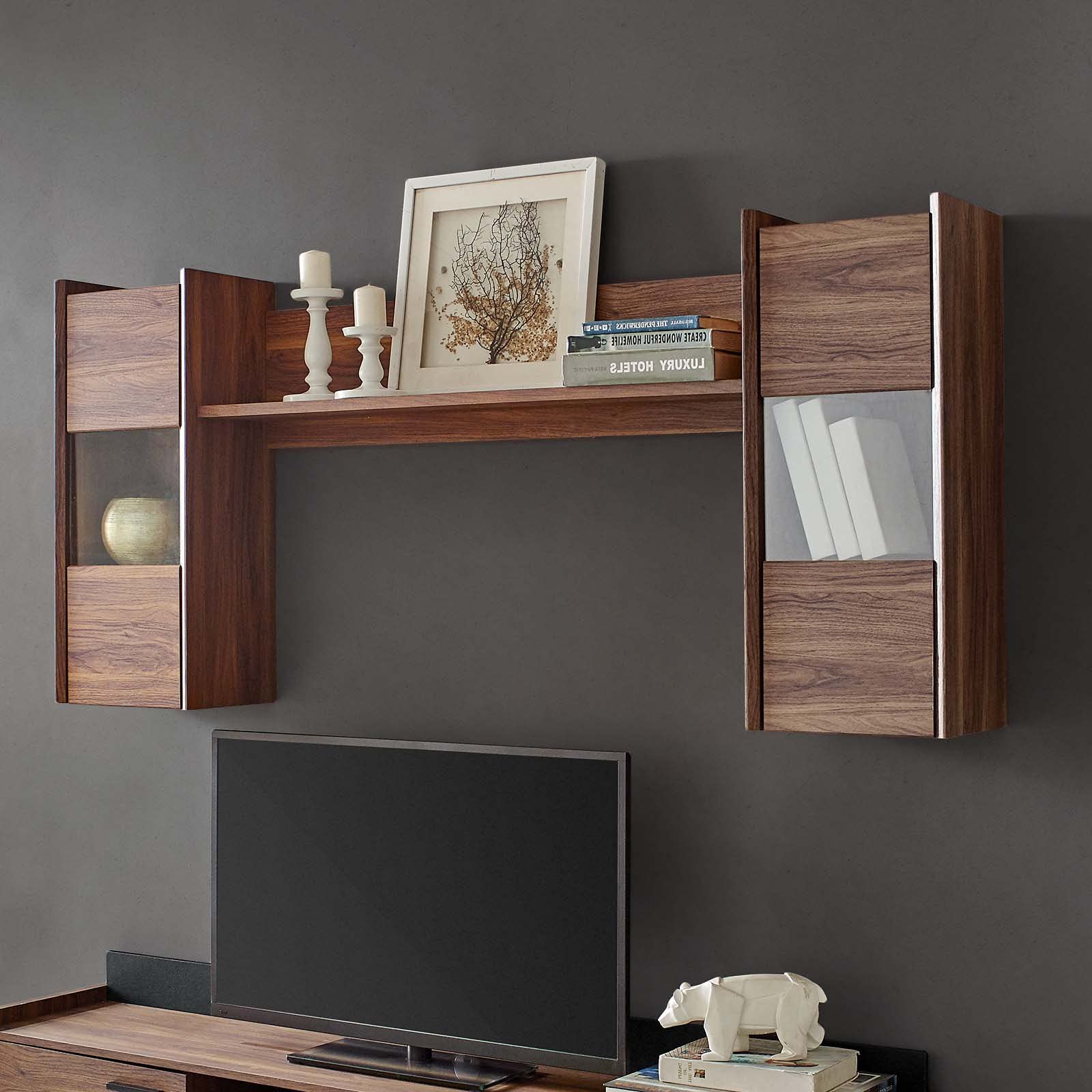 Modern Brown Walnut Wood Bookcase Wall Shelf - Contemporary Storage Rack for Home, Office, Lounge, Hotel Lobby & Hospitality Spaces