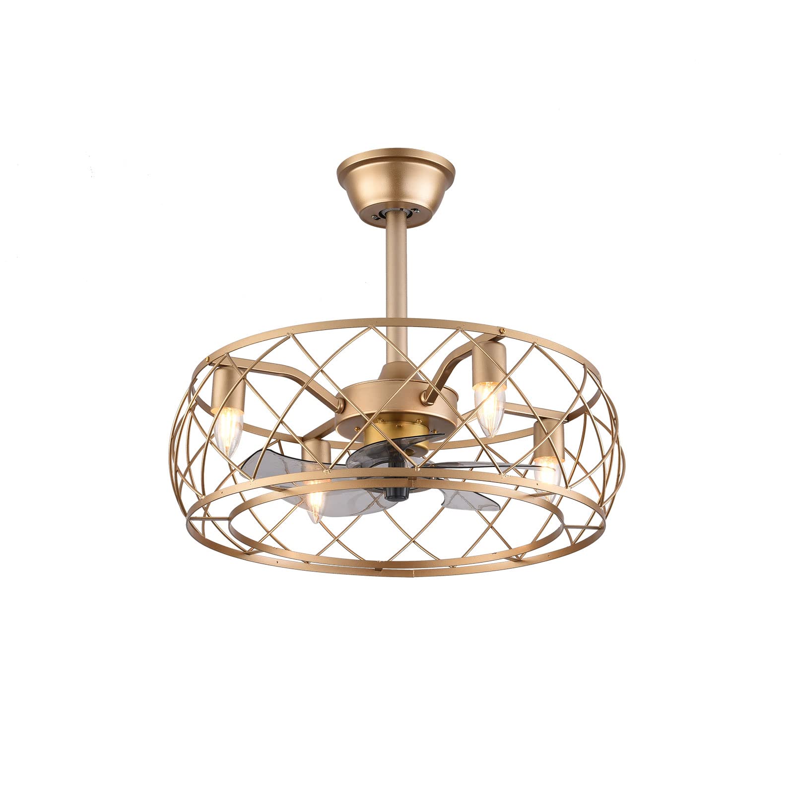 20 Inch Gold Industrial Metal Cage Ceiling Fan with Remote Control & Lights - Rustic Style for Living Room, Bedroom, and Office Spaces