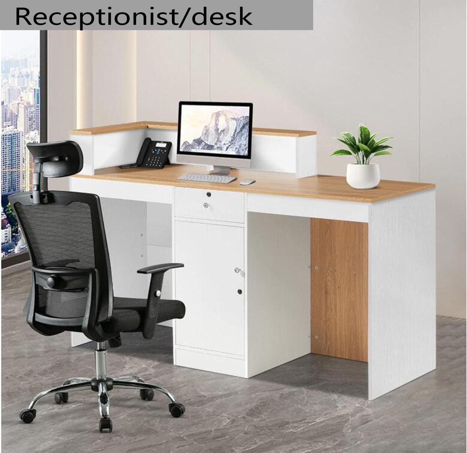 Modern Reception Desk with Counter - Lockable Drawer & Cabinet - Salon/Office/Boutique Lobby Furniture - Perfect for Check-in Areas, Waiting Rooms & Retail Spaces