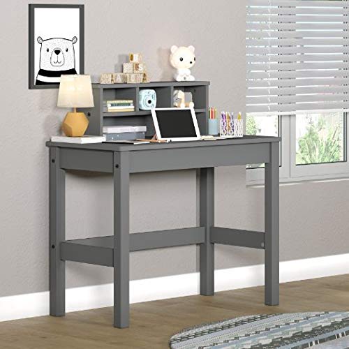 Modern Simple Style Home Office Desk with Hutch & Open Shelves - Gray Finish Writing Study Desk for Small Spaces, Dorm Rooms & Workstations