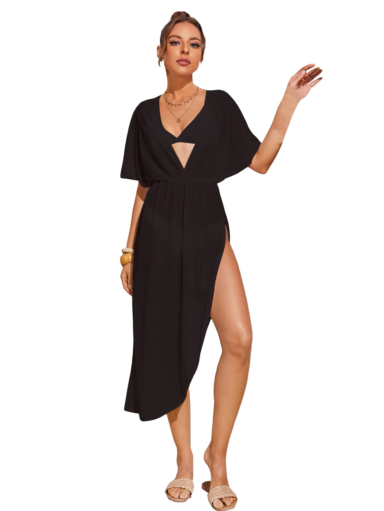 WDIRARA Women's Swim Cover Up Dress - Short Sleeve Cut Out Design with Asymmetrical Hem & Side Split - Perfect for Beach, Pool, Vacation & Summer Outfits