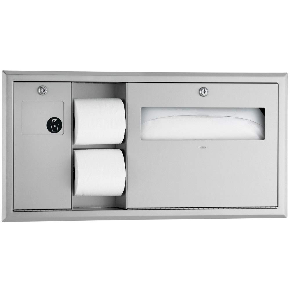 Bobrick B-3091 ClassicSeries Horizontal Recessed Toilet Seat-Cover & Tissue Dispenser with Sanitary Napkin Disposal - Left Hand | ADA Compliant Bathroom Accessory for Commercial Restrooms, Hospitals & Public Facilities