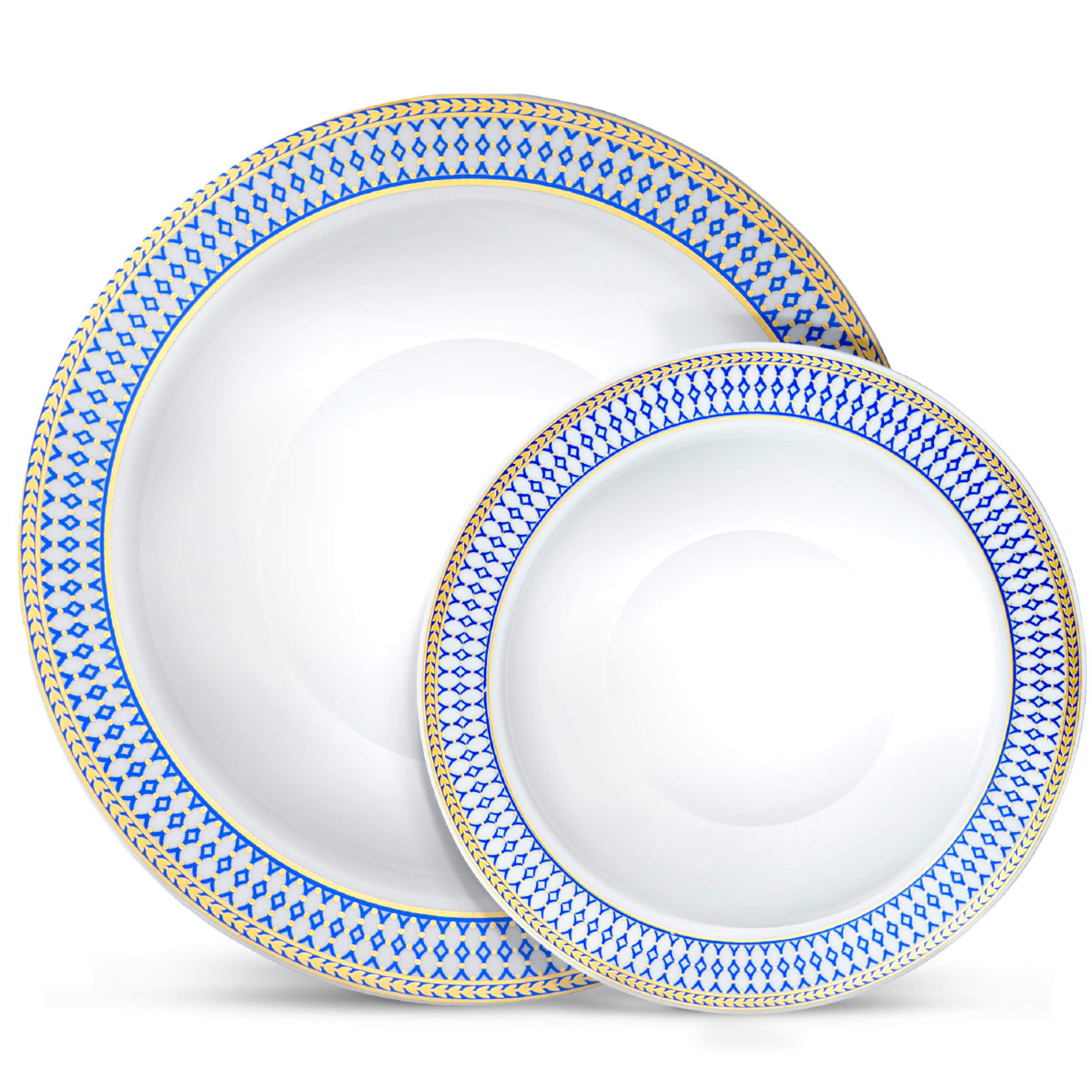 Laura Stein Elegant Disposable Dinnerware Set - 32-Piece Plastic Party Bowls for Weddings & Events - 16 x 12oz Soup Bowls + 16 x 5oz Dessert Bowls - White with Midnight Blue Rim & Gold Accents - Perfect for Wedding Receptions, Bridal Showers, Birthday Parties & Formal Gatherings