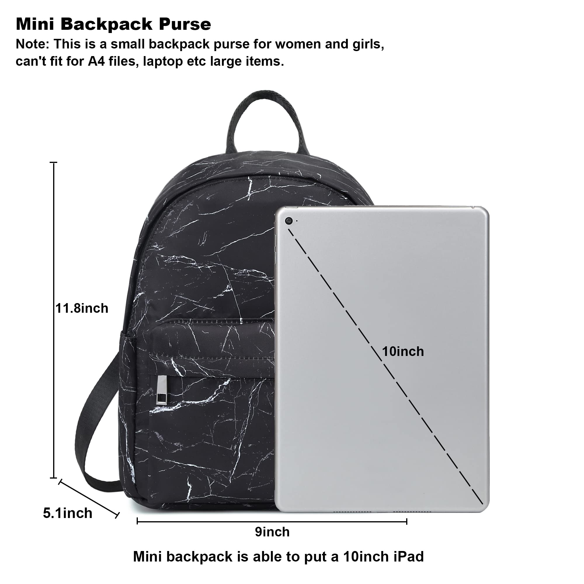 Marble Mini Backpack for Women & Girls - Small Travel Purse for School & Outings (Black)
