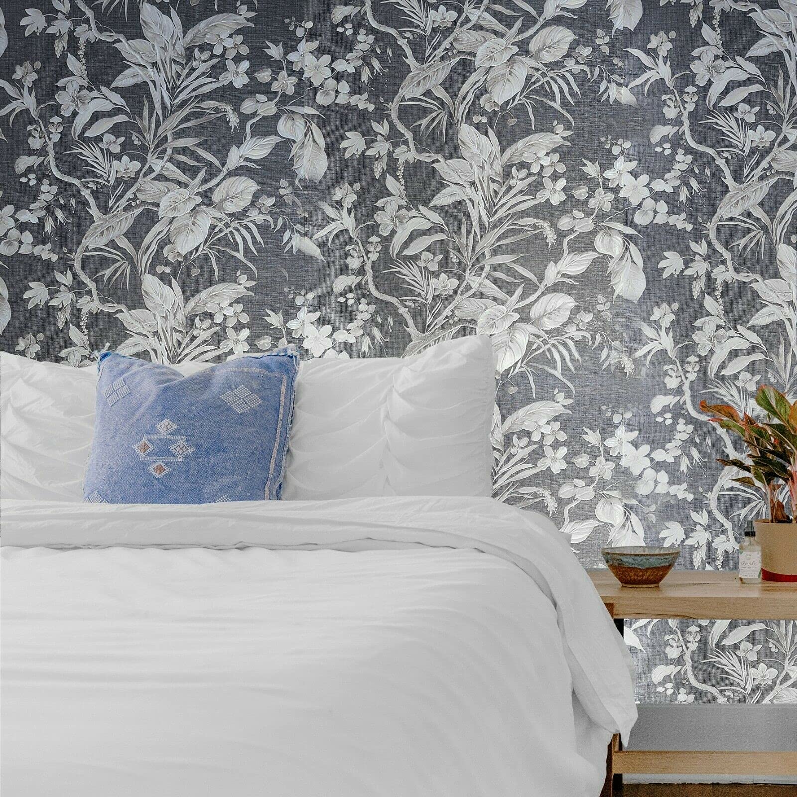 Luxury Modern Floral Wallpaper - Charcoal Gray Taupe Black Metallic Faux Fabric Textured Peel and Stick Wallpaper for Living Room, Bedroom, Home Decor
