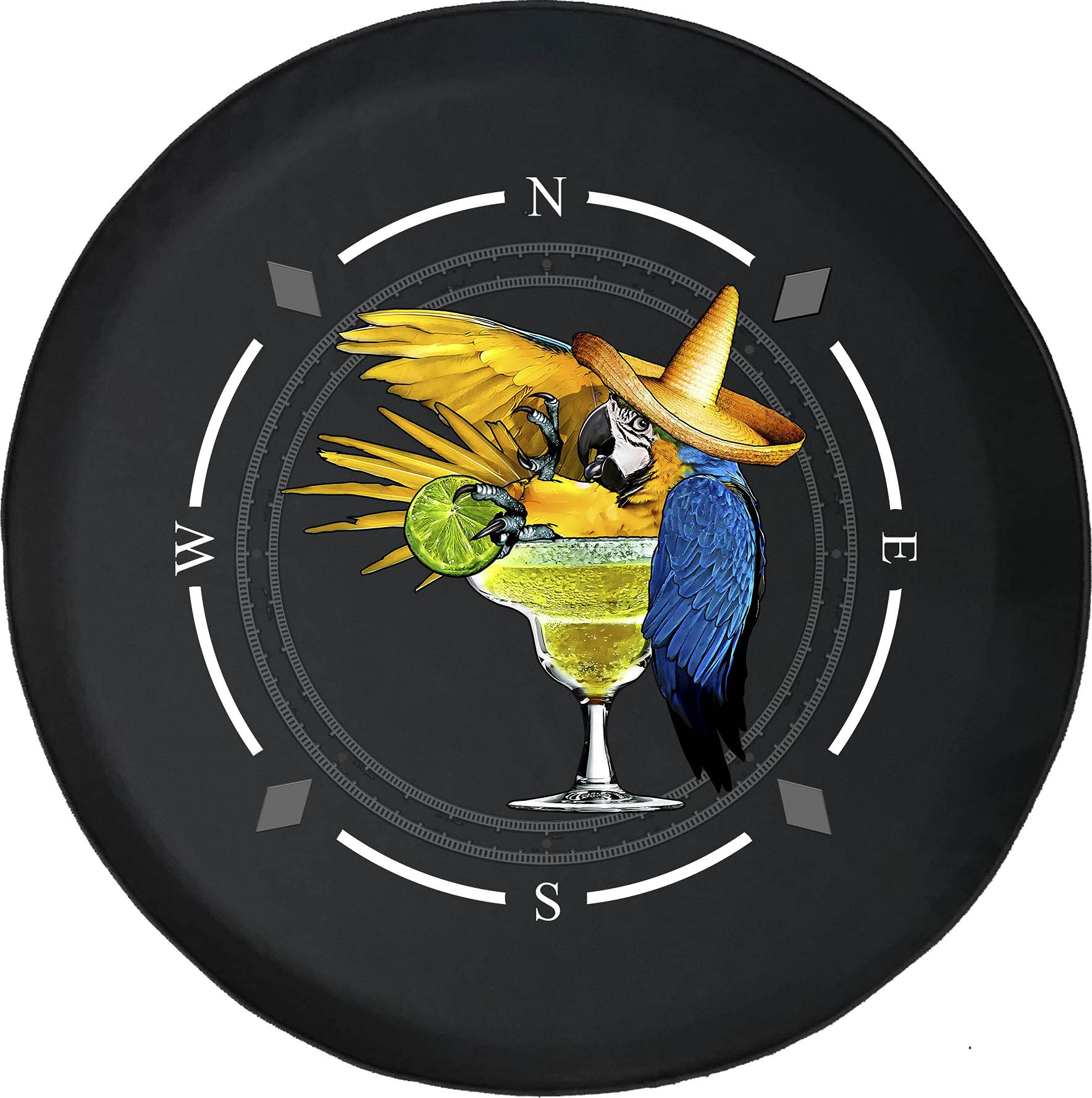Spare Tire Cover with Compass & Parrot in Margarita Glass - Tropical Beach Design SUV, Trailer, RV Wheel Cover Accessories for Outdoor Adventures & Road Trips